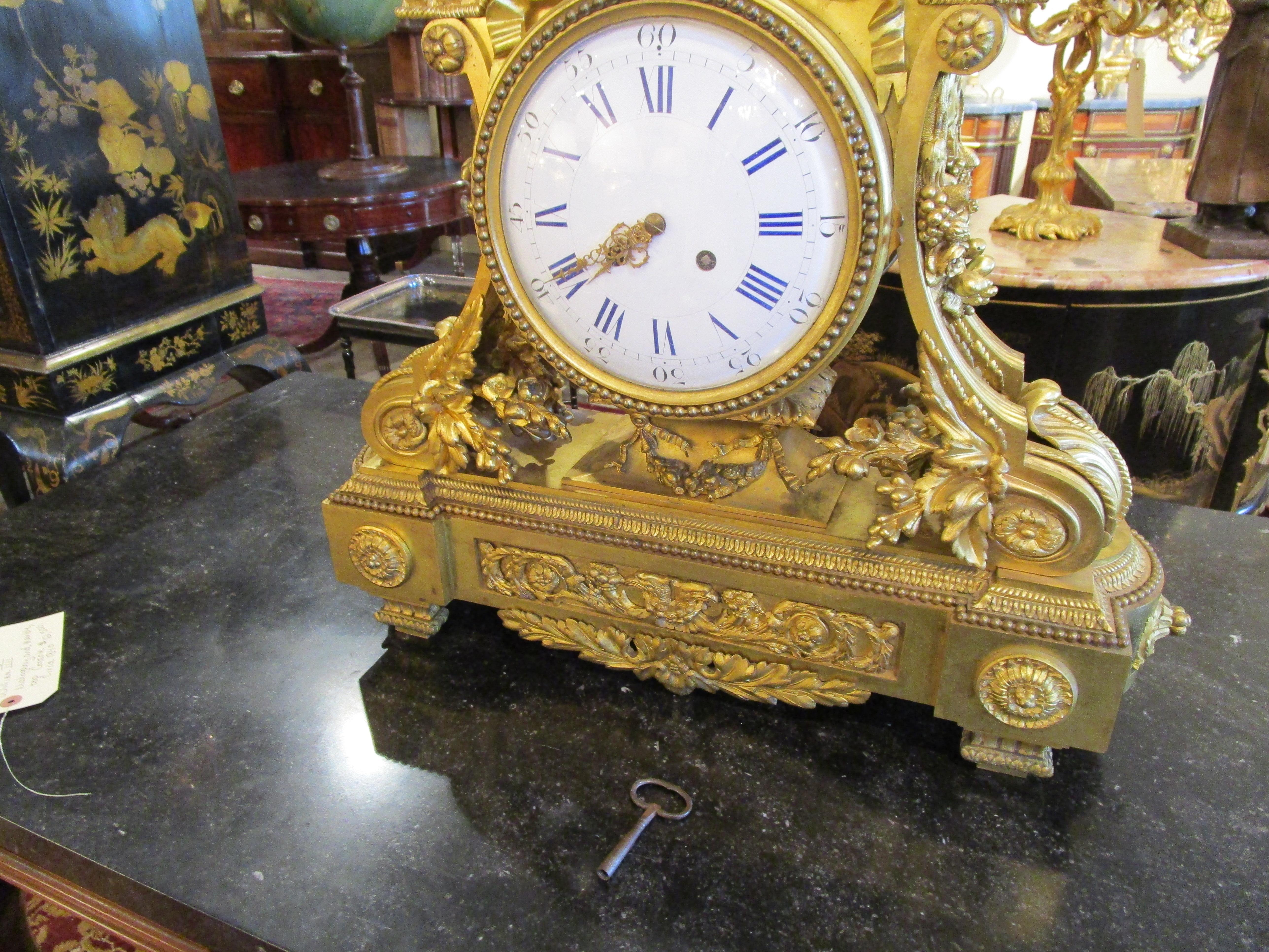 French Fine Large Gilt Bronze Louis XV Signed Mantle Clock