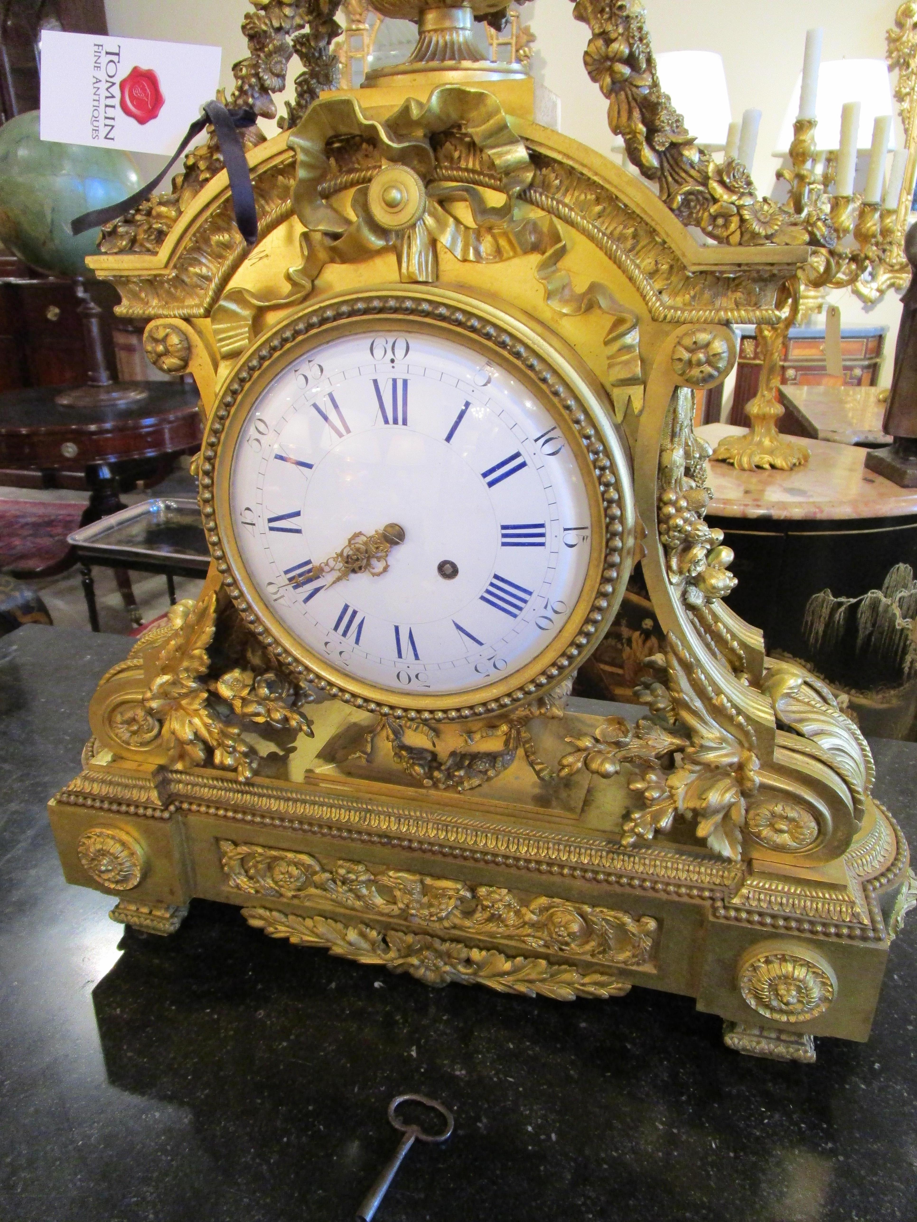 Fine Large Gilt Bronze Louis XV Signed Mantle Clock In Good Condition In Dallas, TX