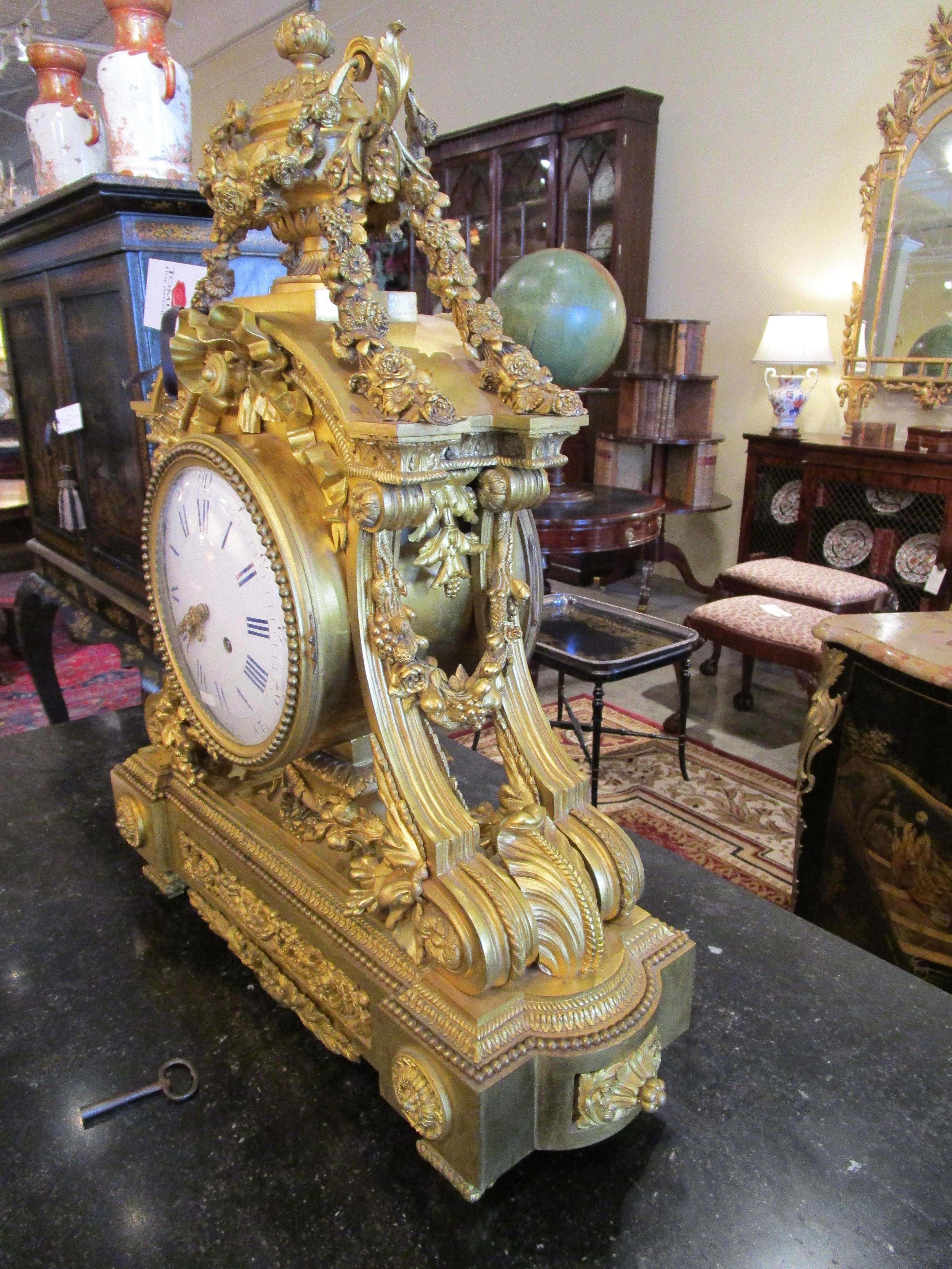 19th Century Fine Large Gilt Bronze Louis XV Signed Mantle Clock