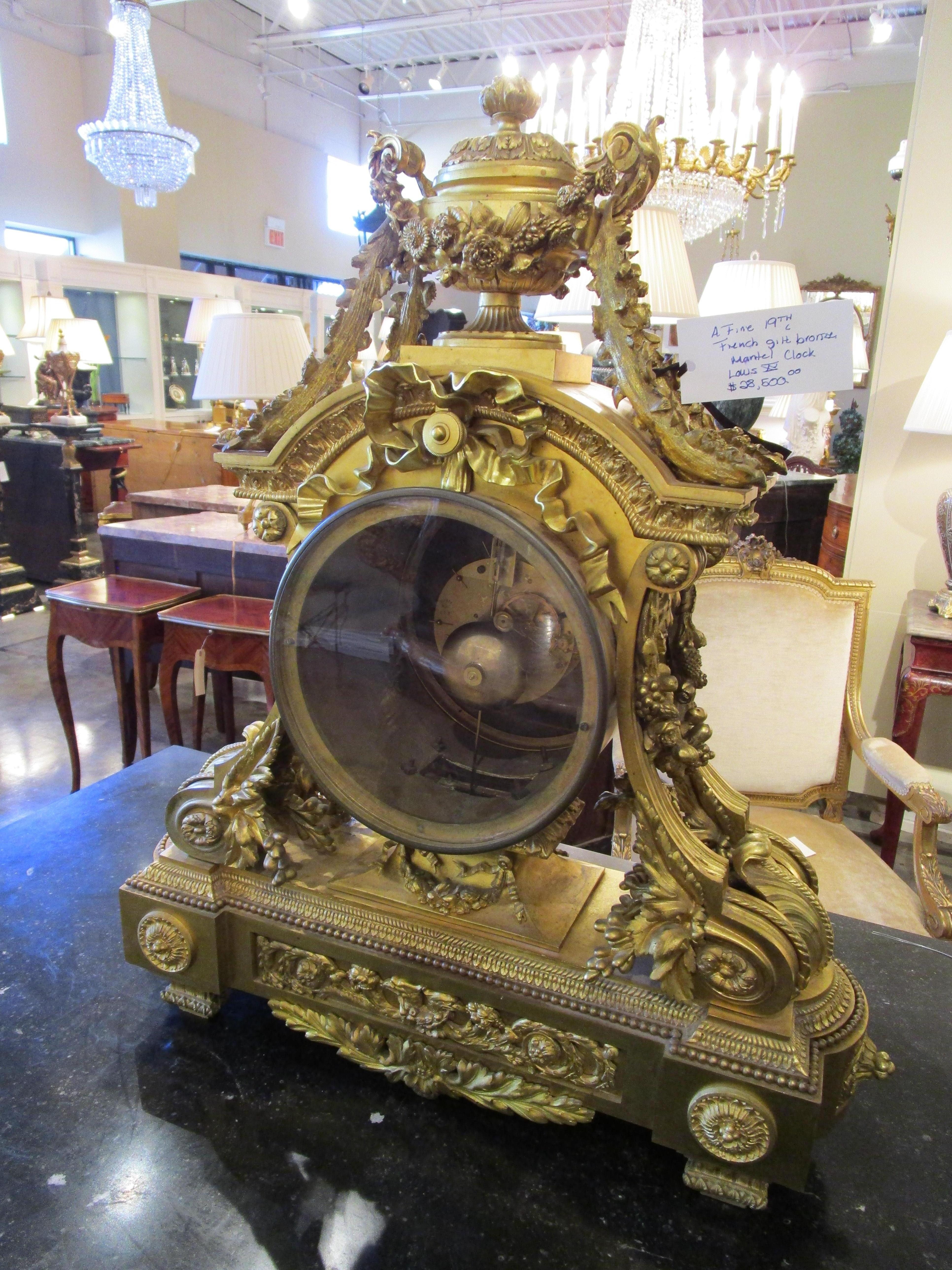 Fine Large Gilt Bronze Louis XV Signed Mantle Clock 2