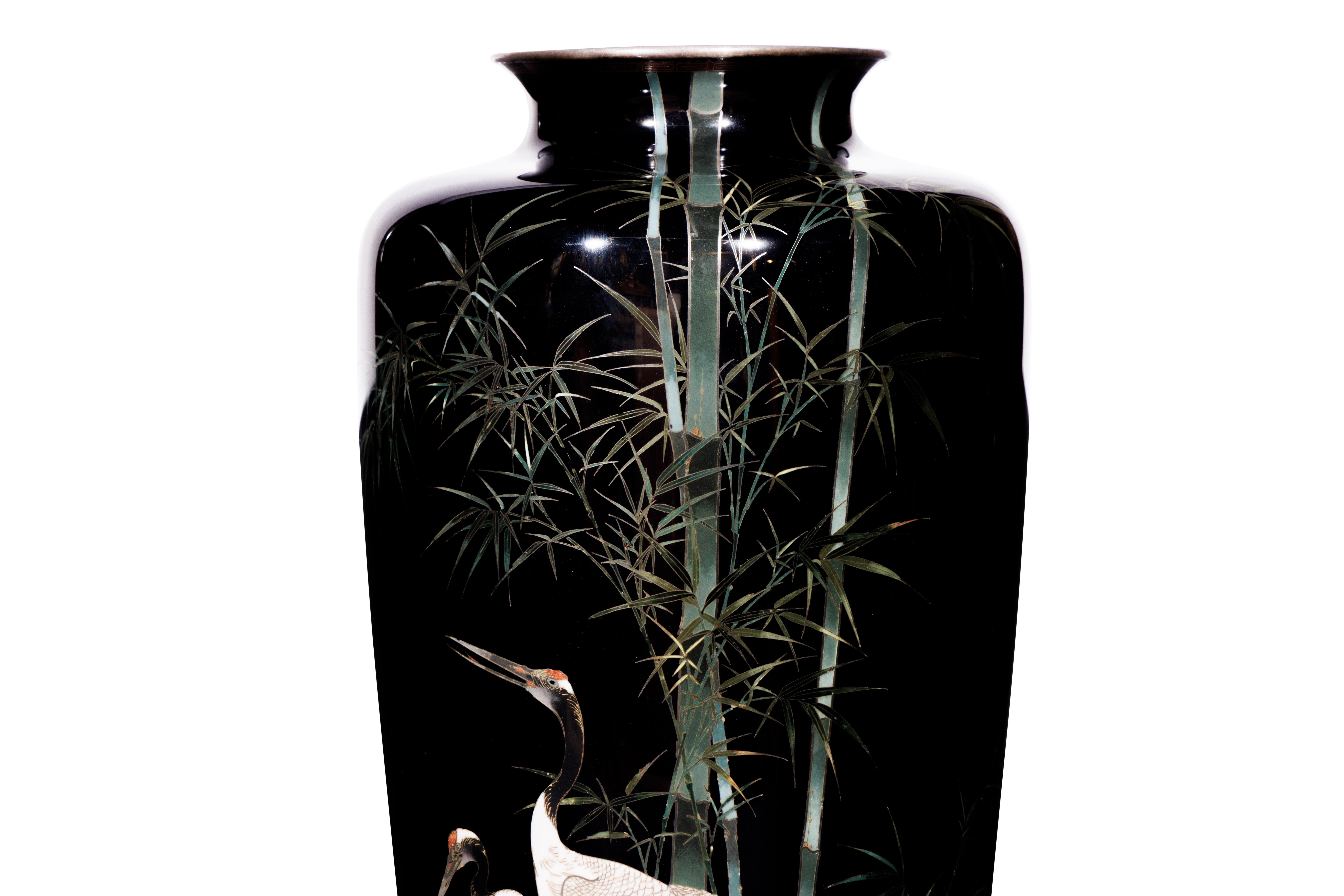 A Fine, Large Japanese Cloisonne Enamel Cobalt Blue Vase with Cranes, Hayashi For Sale 5