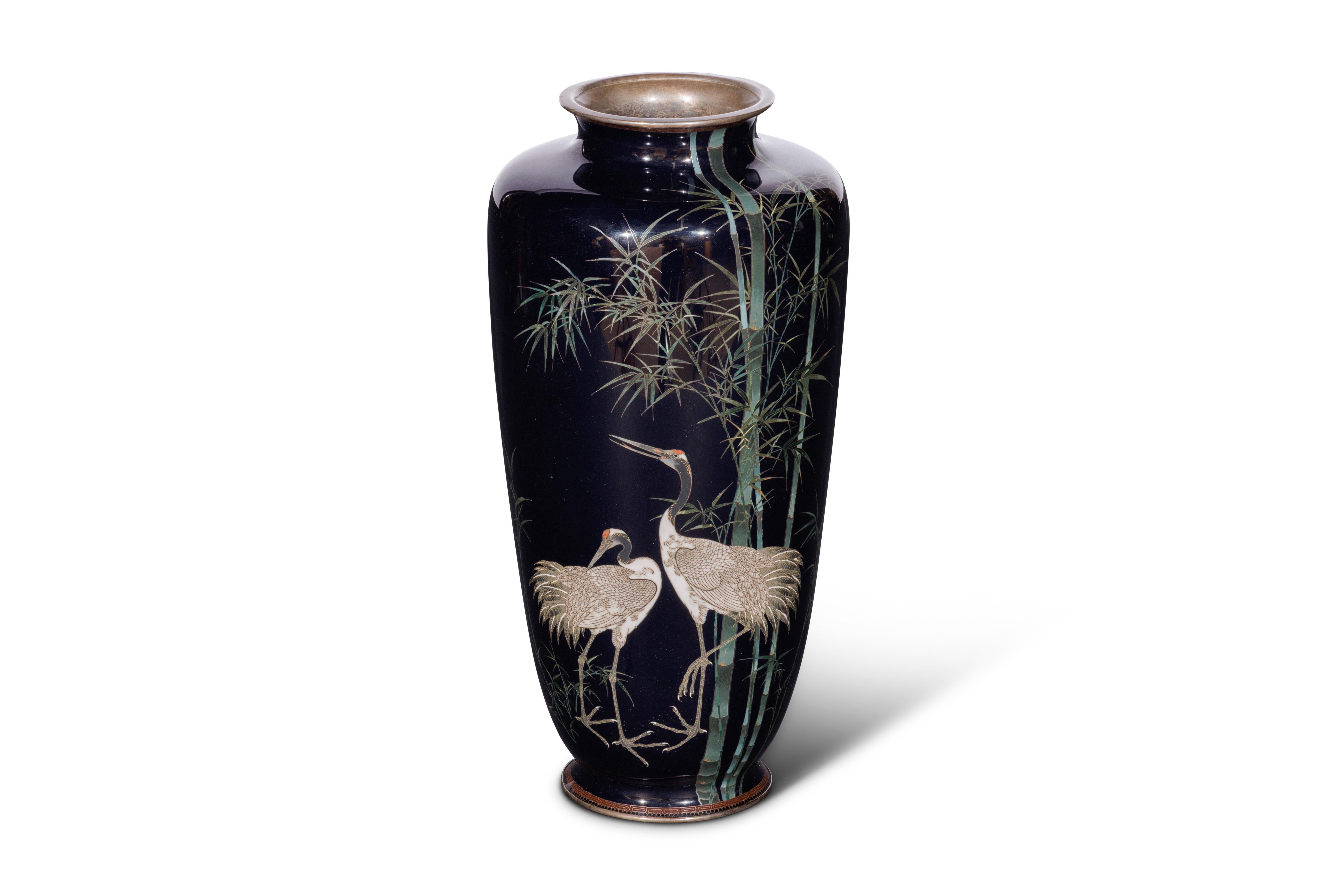 Meiji A Fine, Large Japanese Cloisonne Enamel Cobalt Blue Vase with Cranes, Hayashi For Sale