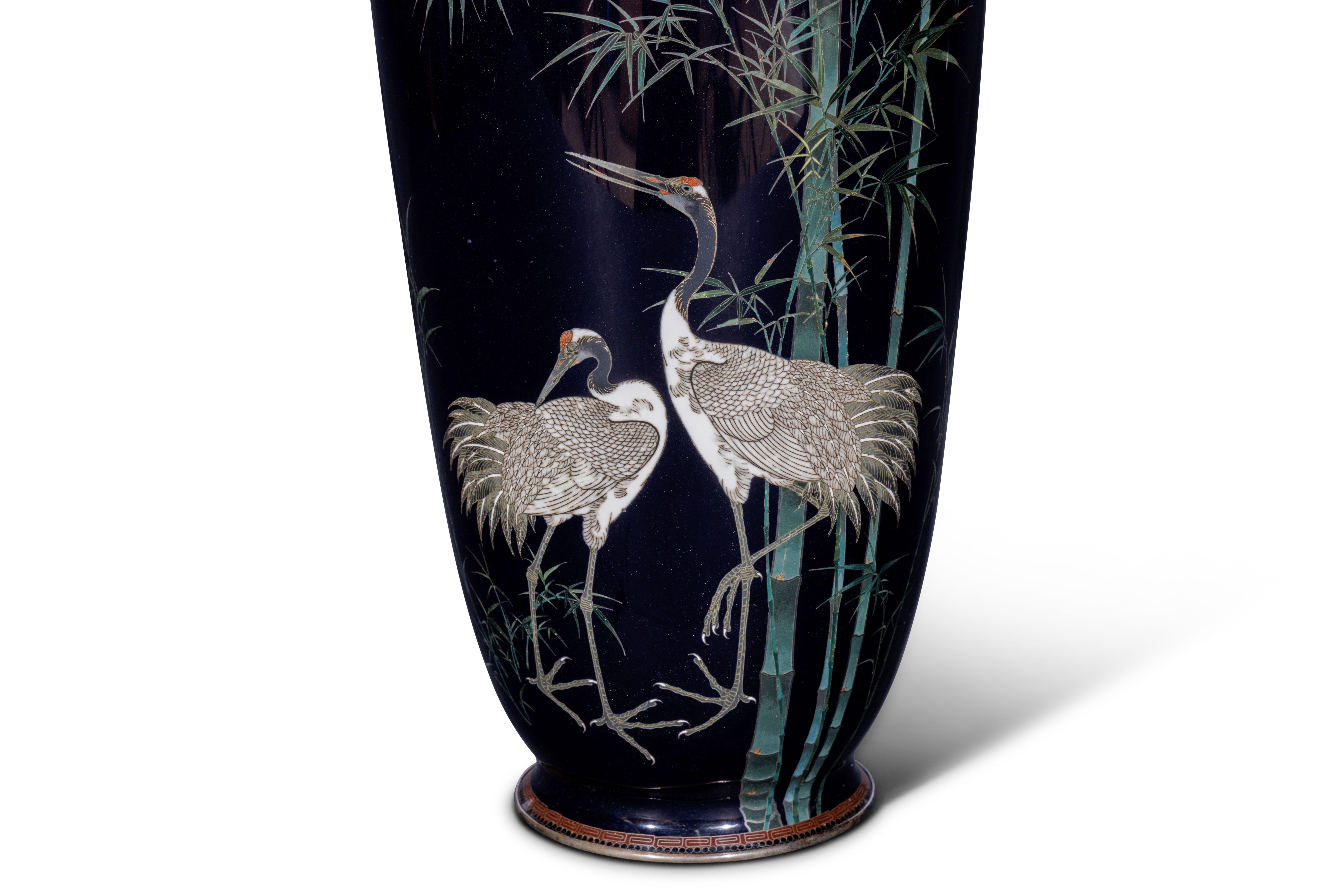 A Fine, Large Japanese Cloisonne Enamel Cobalt Blue Vase with Cranes, Hayashi In Good Condition For Sale In New York, NY
