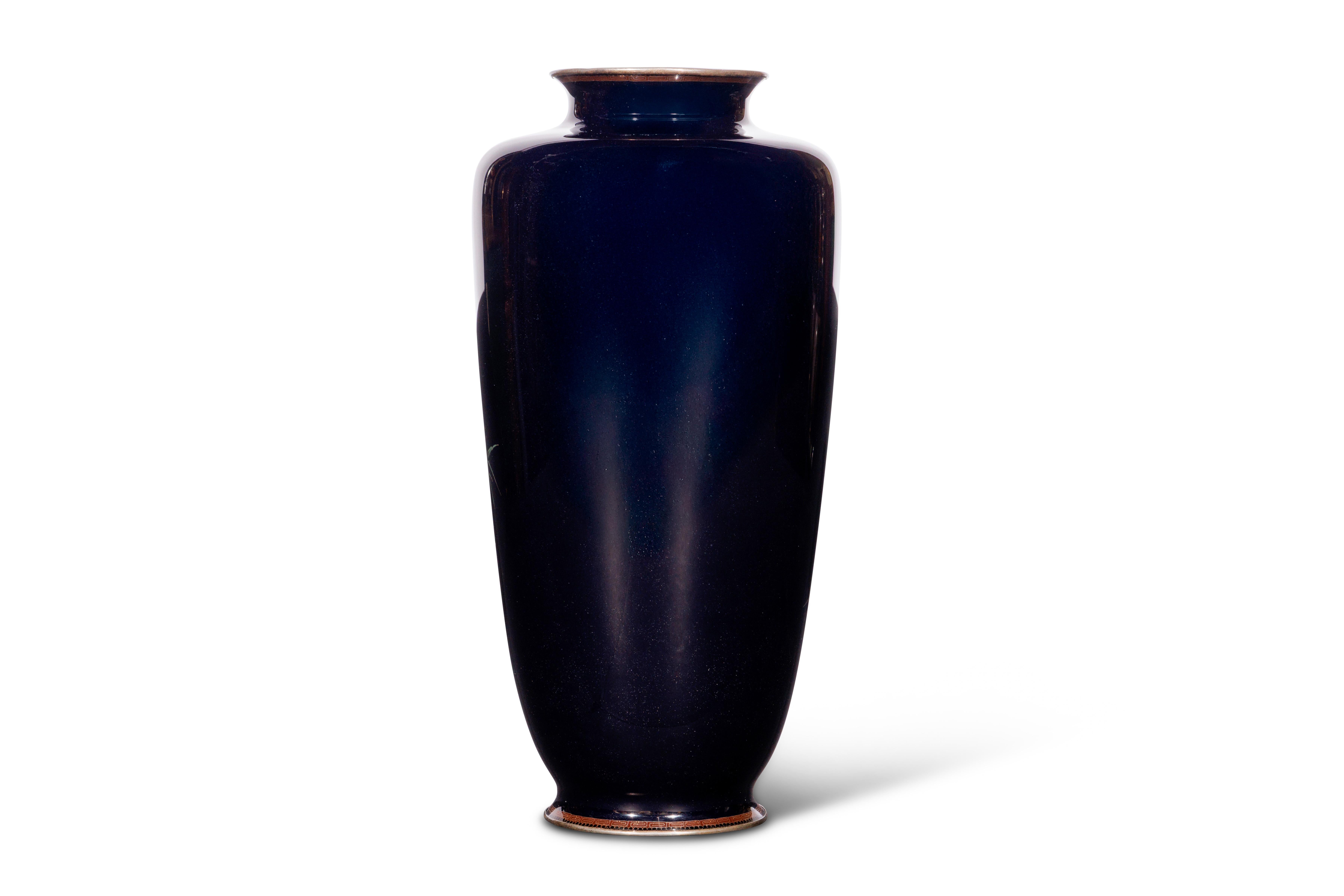 19th Century A Fine, Large Japanese Cloisonne Enamel Cobalt Blue Vase with Cranes, Hayashi For Sale