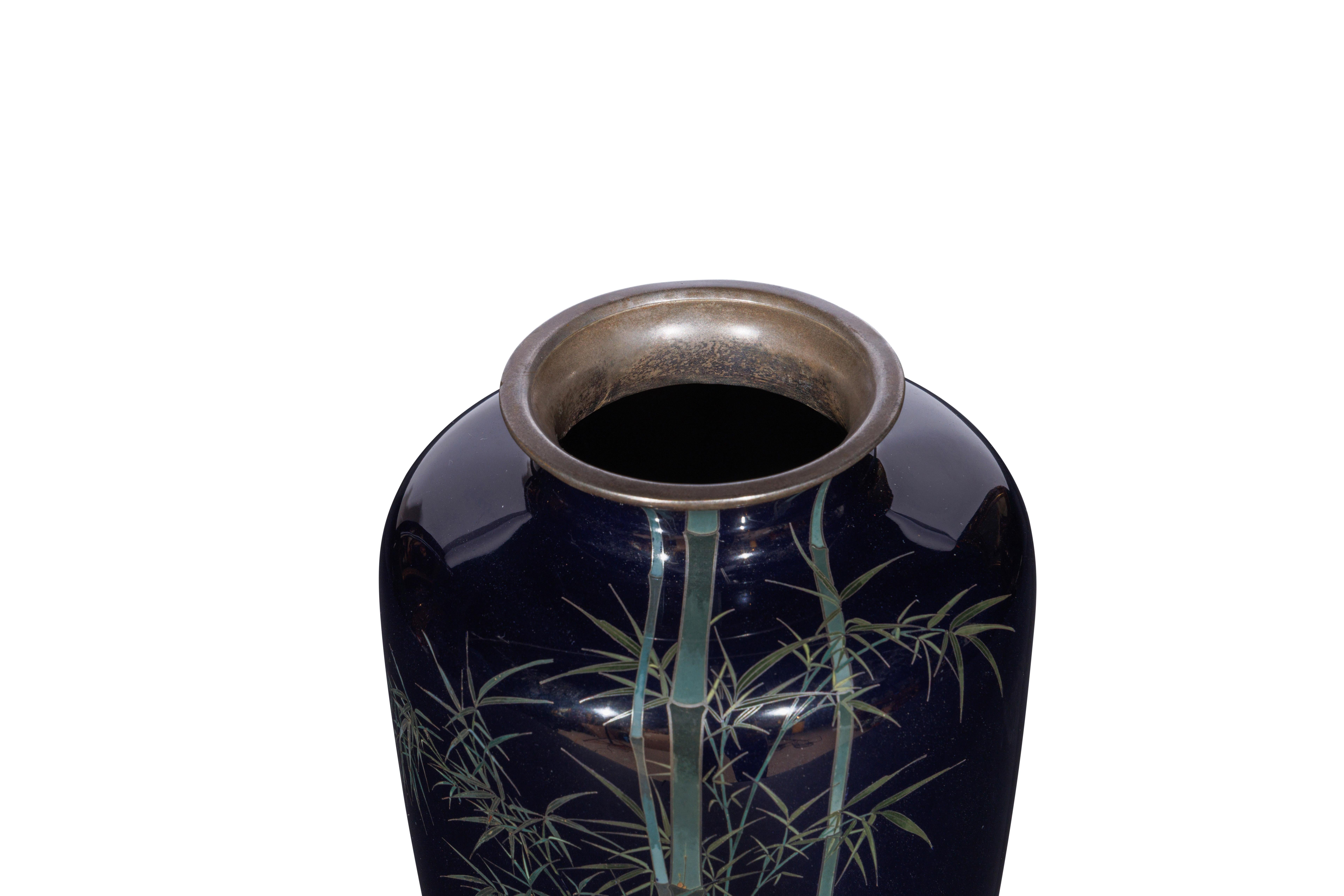 Copper A Fine, Large Japanese Cloisonne Enamel Cobalt Blue Vase with Cranes, Hayashi For Sale
