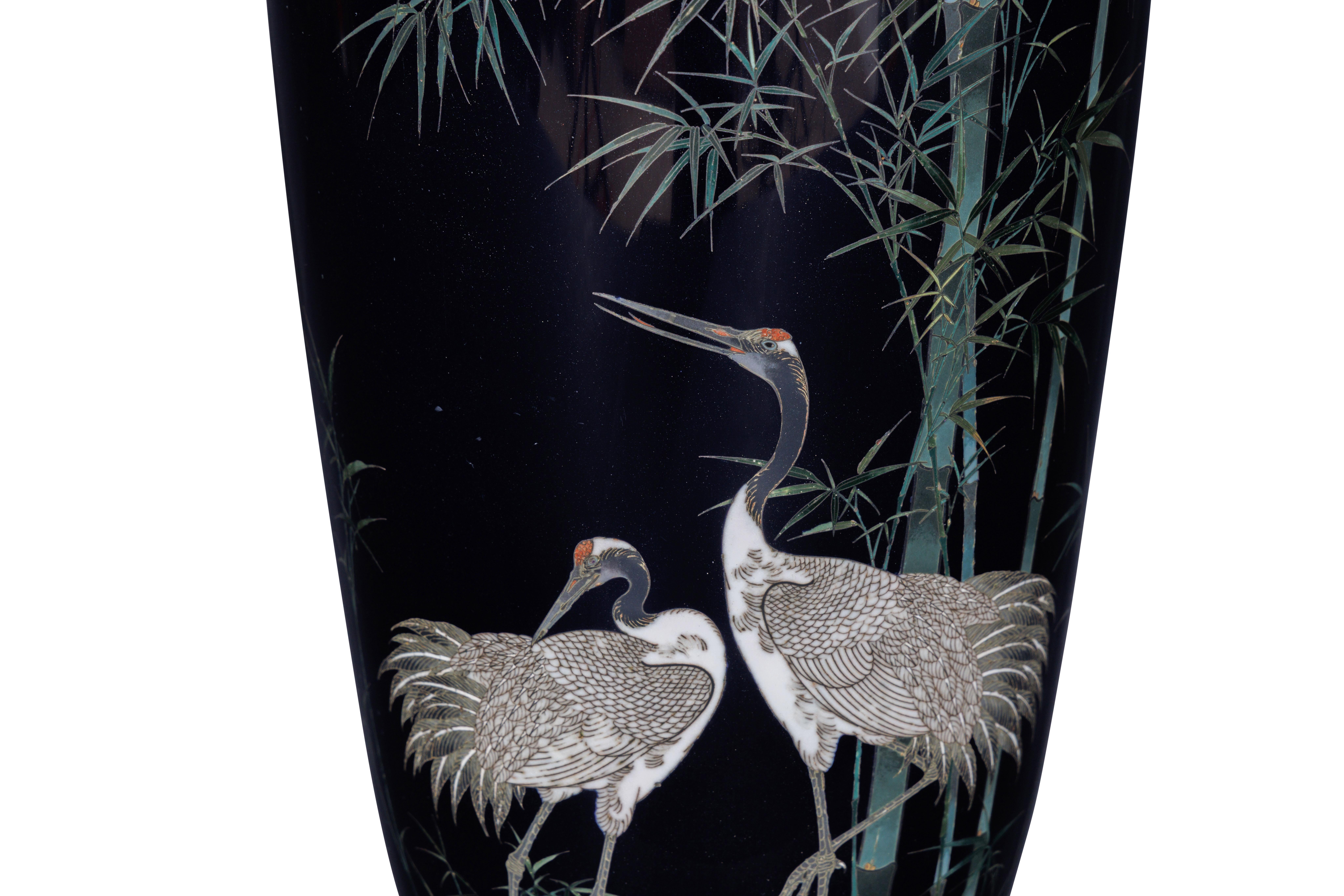 A Fine, Large Japanese Cloisonne Enamel Cobalt Blue Vase with Cranes, Hayashi For Sale 1