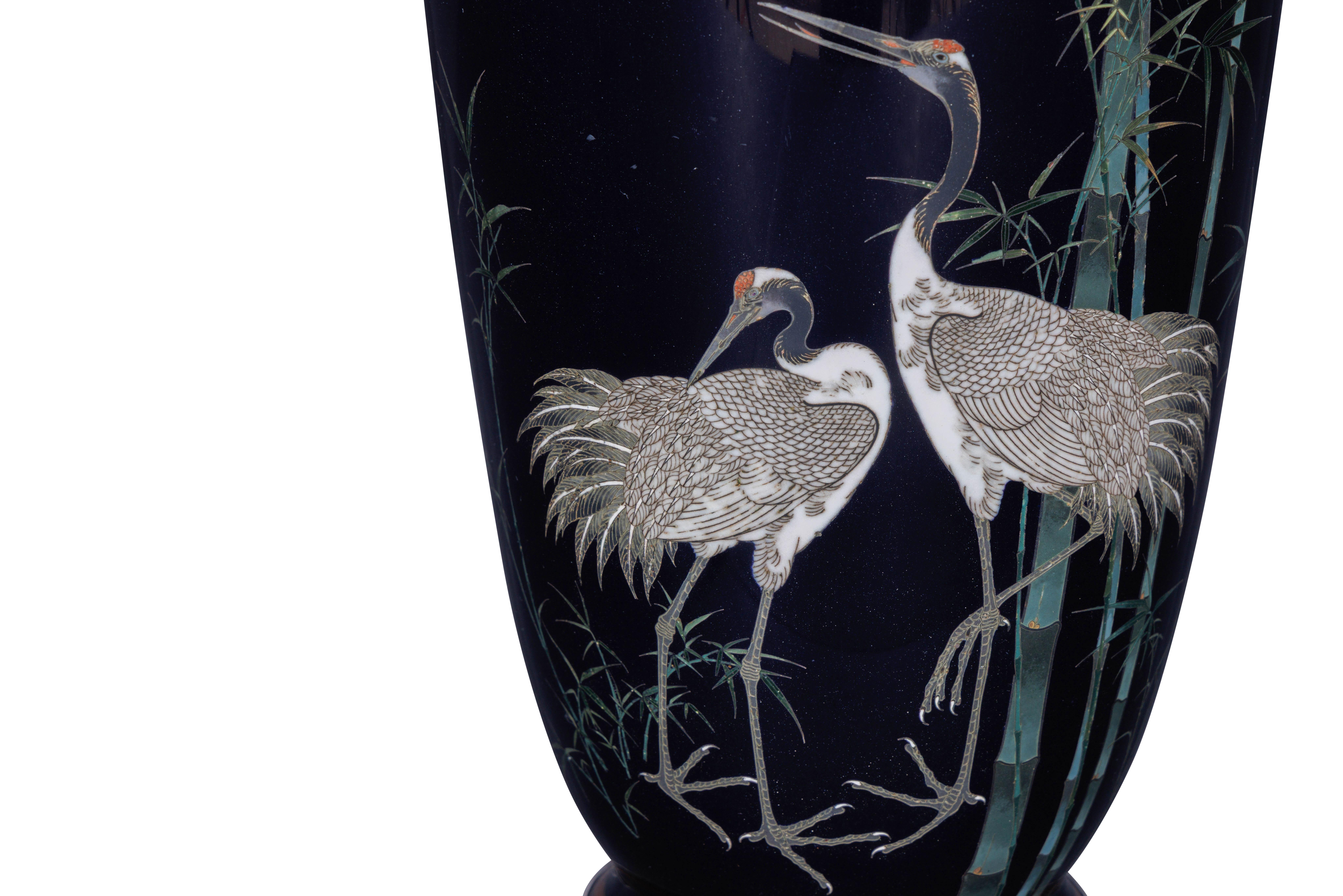 A Fine, Large Japanese Cloisonne Enamel Cobalt Blue Vase with Cranes, Hayashi For Sale 2
