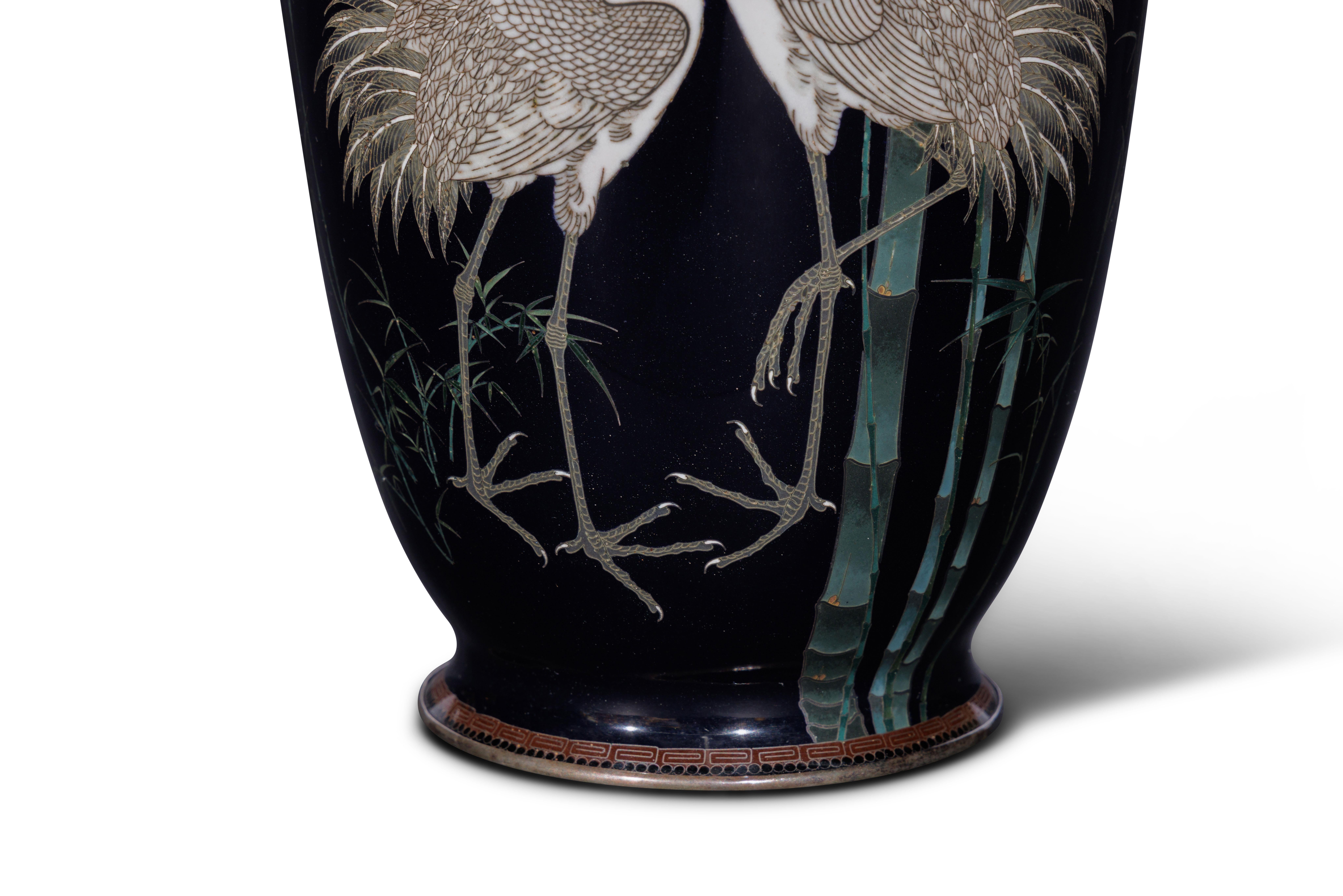 A Fine, Large Japanese Cloisonne Enamel Cobalt Blue Vase with Cranes, Hayashi For Sale 3