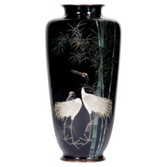 Antique A Fine, Large Japanese Cloisonne Enamel Cobalt Blue Vase with Cranes, Hayashi