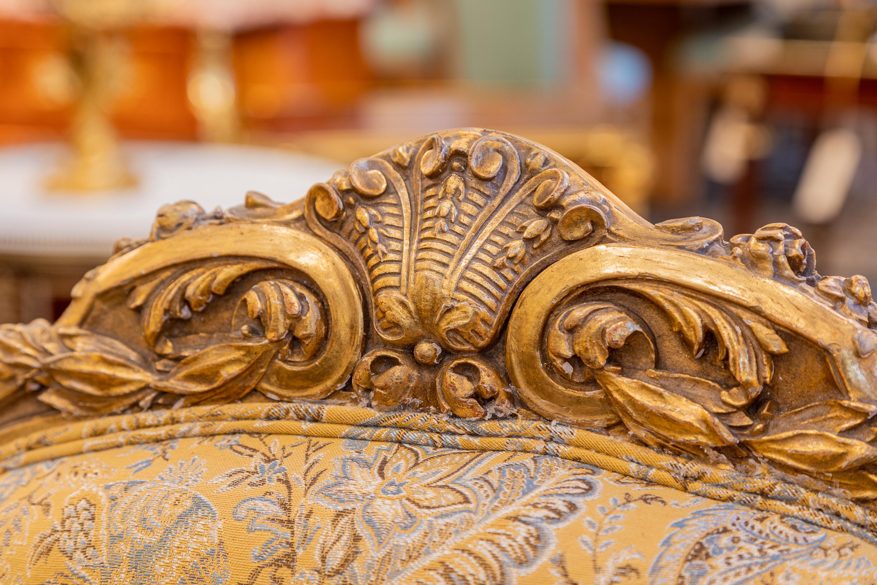 Giltwood A fine large pair of 19th c gilt carved Louis XV fauteiuls For Sale