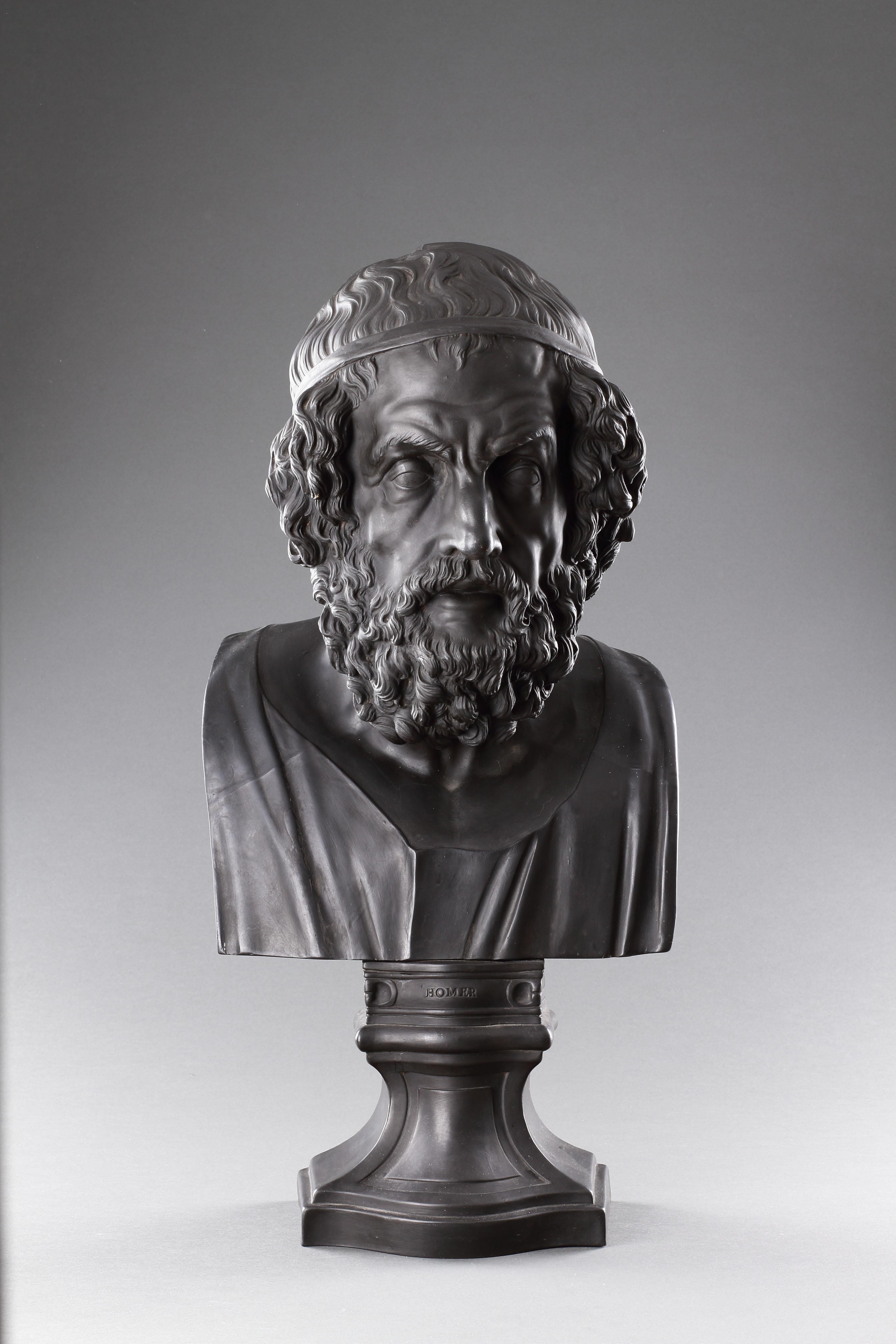 A Fine Large Wedgwood Black Basalt Library Bust of the Ancient Greek Epic Poet Homer
Impressed Wedgwood Mark 1780–1812
Early 19th Century

Size: 59cm high – 23¼ ins high 

Provenance:
Ex Finch and Co, catalogue number 19, 2012 
Ex Private English