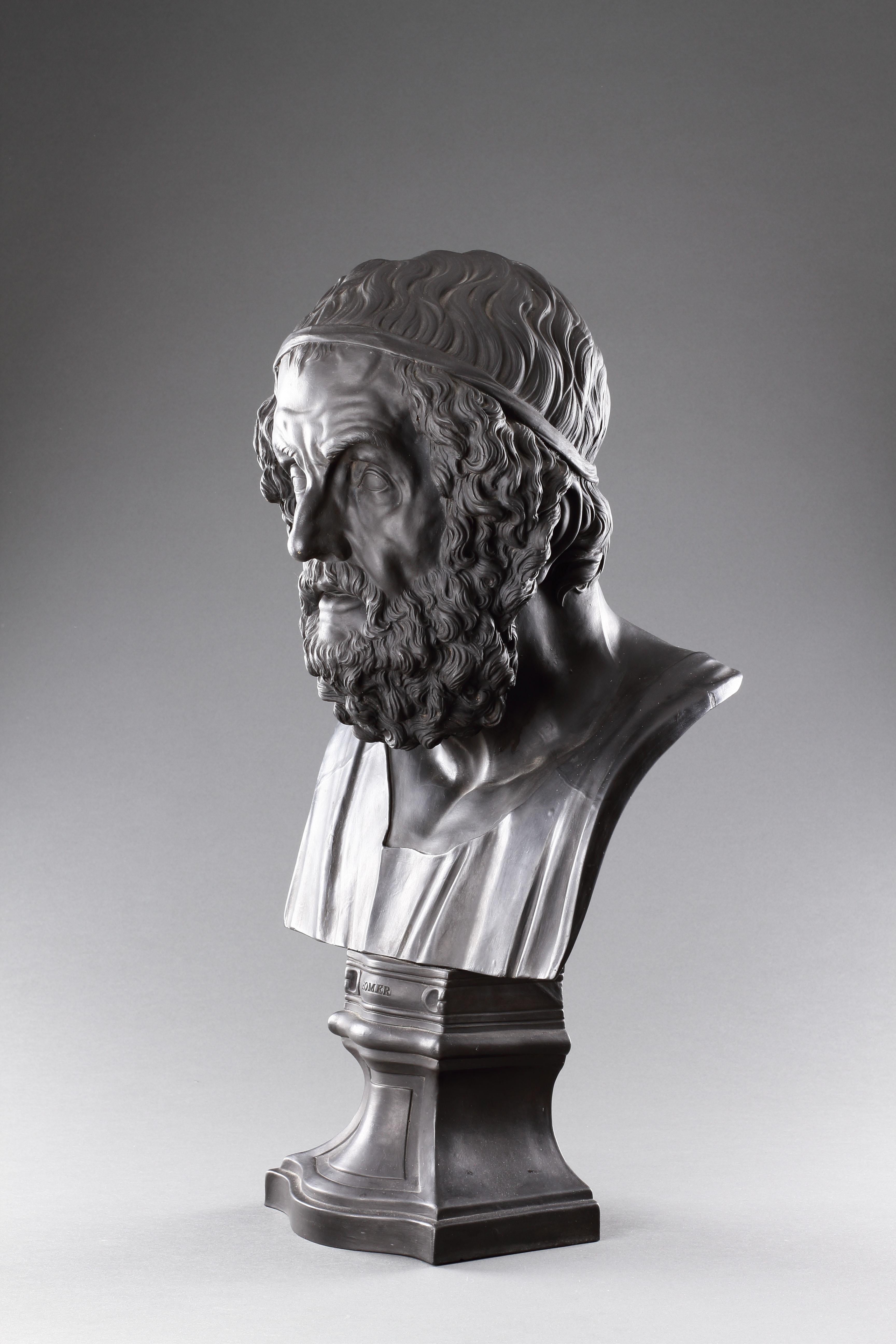 19th Century A Fine Large Wedgwood Black Basalt Library Bust of the Ancient Greek Epic Poet H For Sale