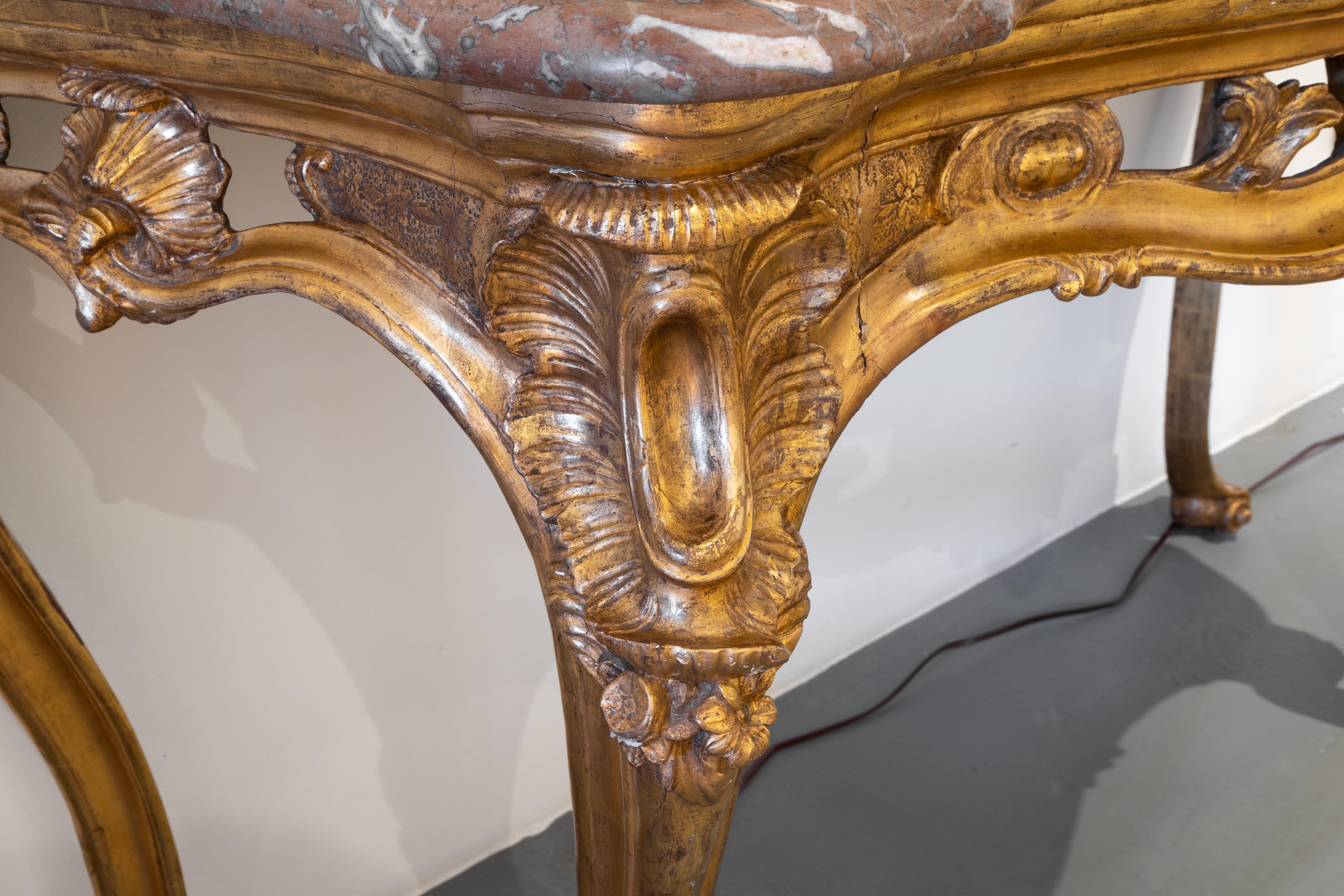 Rococo Revival Fine Late 18th C Italian Carved and Gilr Console with the Original Marble Top For Sale