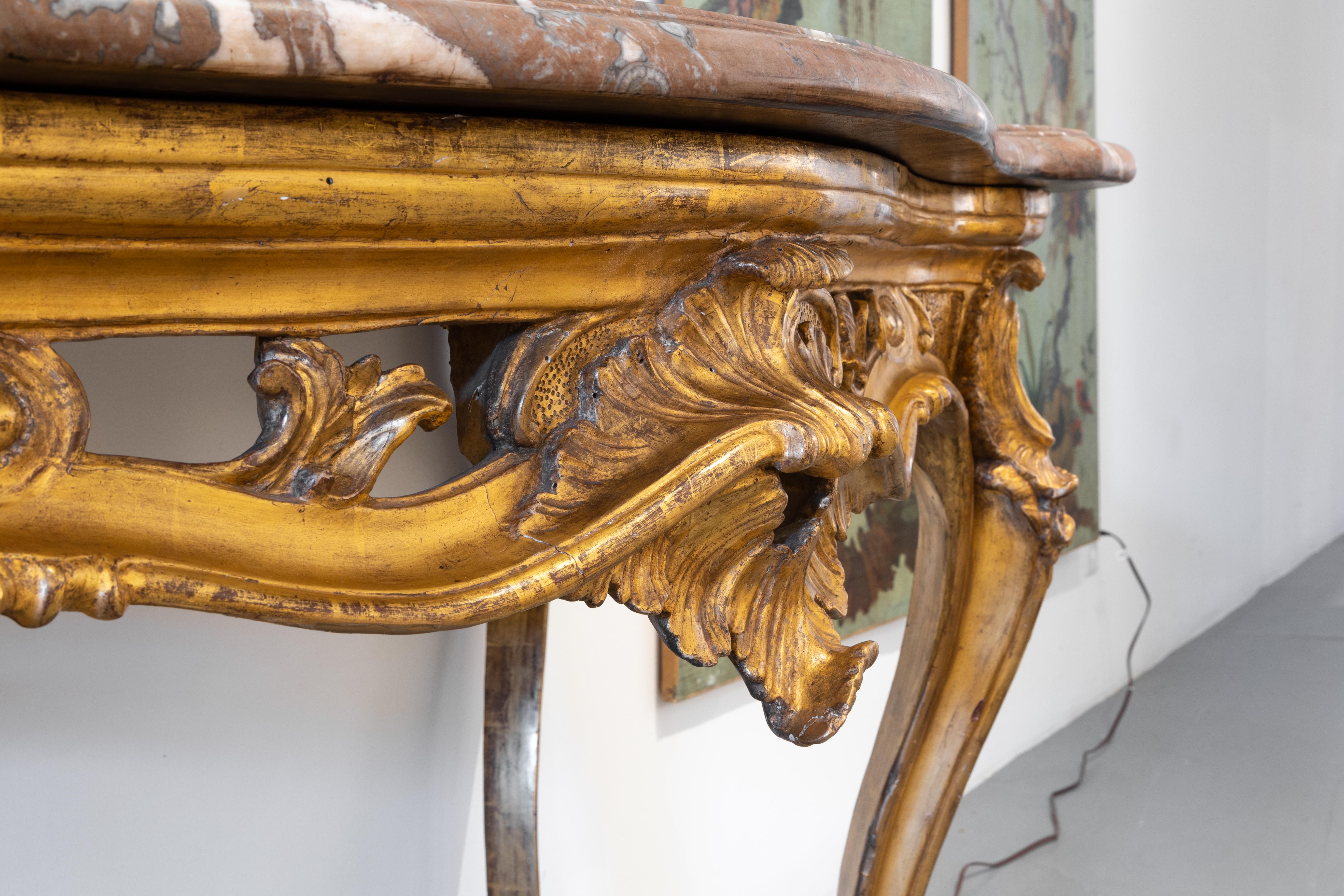 Hand-Carved Fine Late 18th C Italian Carved and Gilr Console with the Original Marble Top For Sale