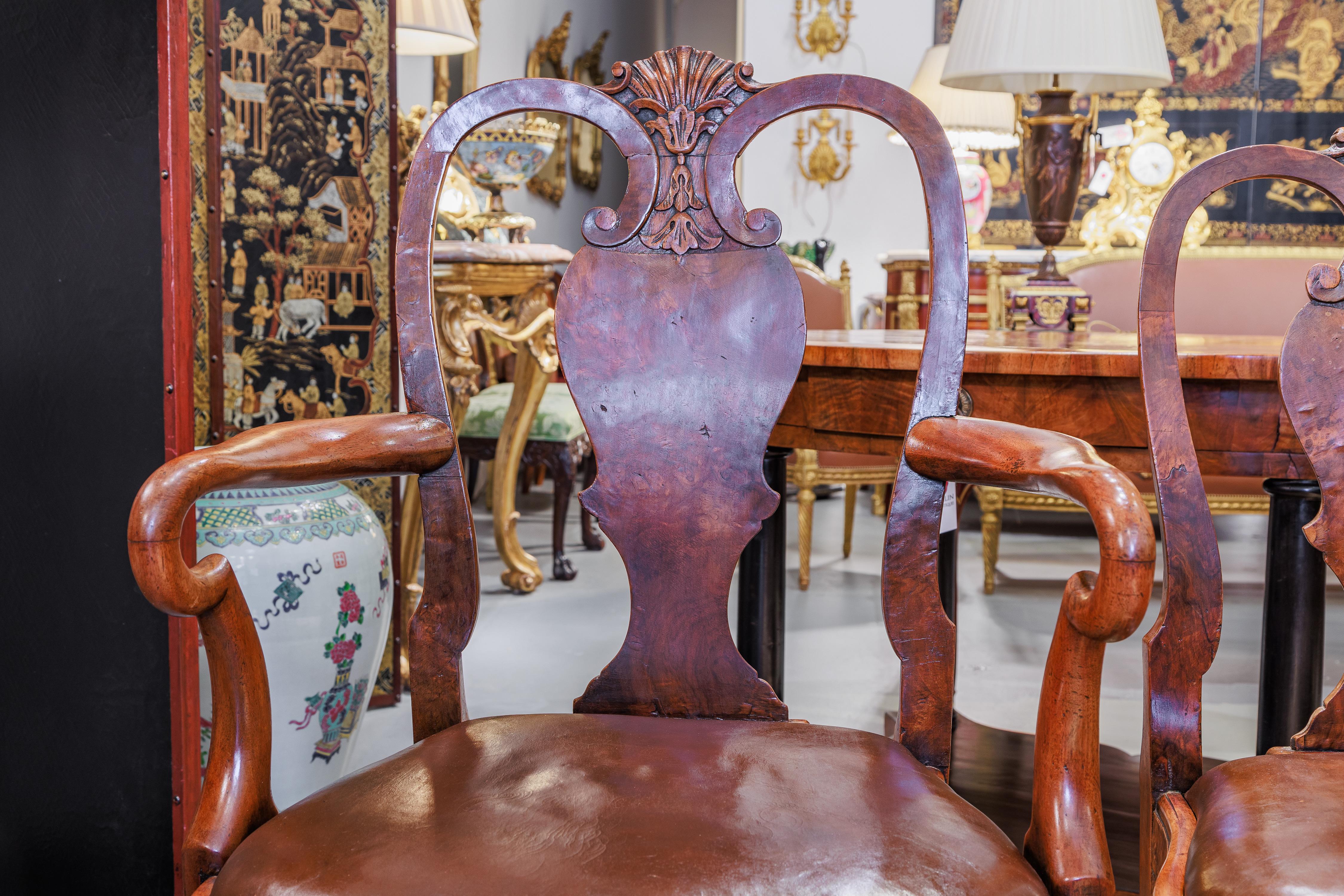 A fine late 19th c Queen Anne style burled Walnut dining table and 8 chairs 4