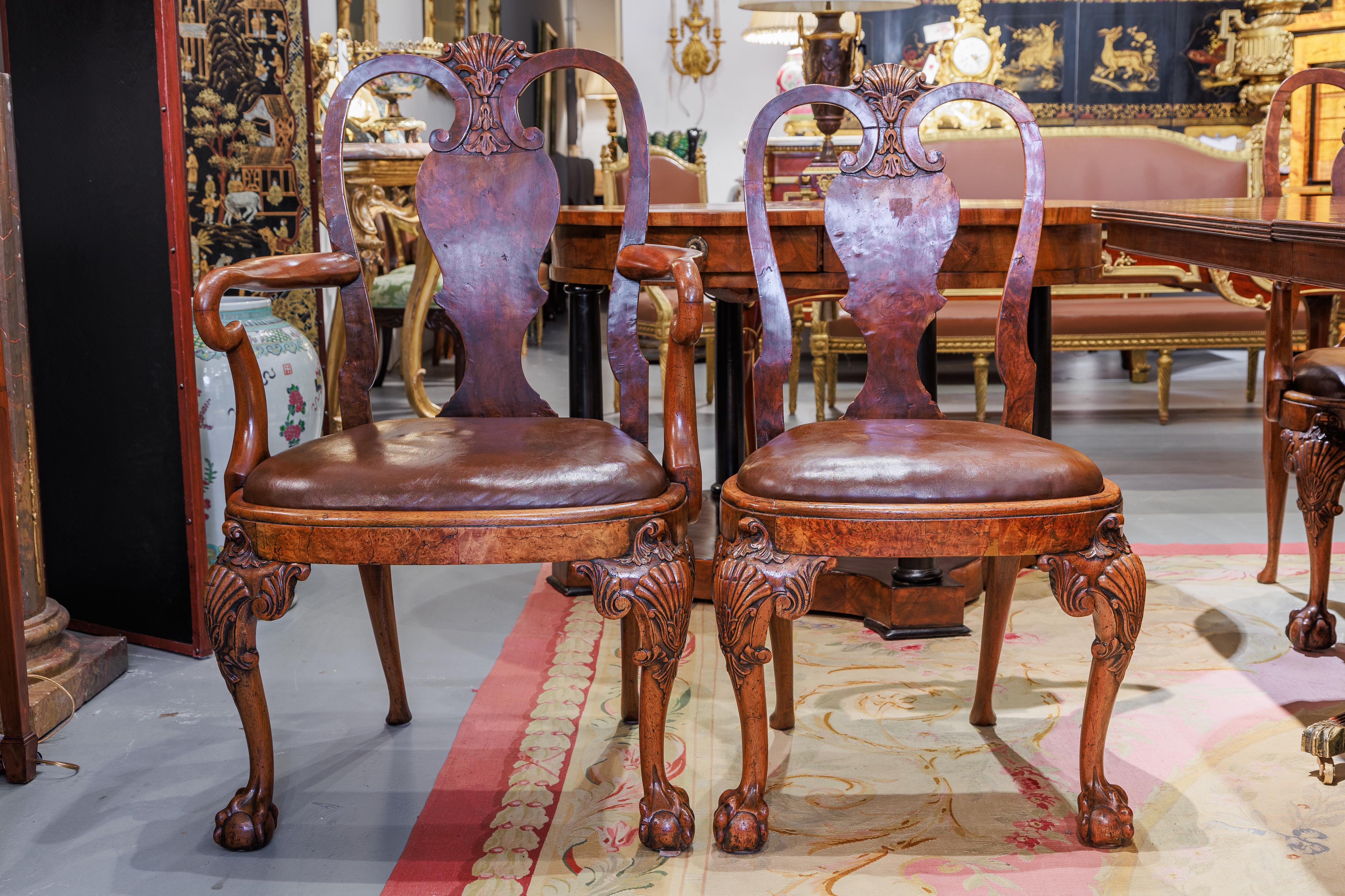A fine 19th century English Queen Anne style burled walnut double pedestal dining table . Two removable leaves . 20'' each  The total with the leaves is 126''long . The table has beautiful burled walnut with a reeded edge and a double pedestal
