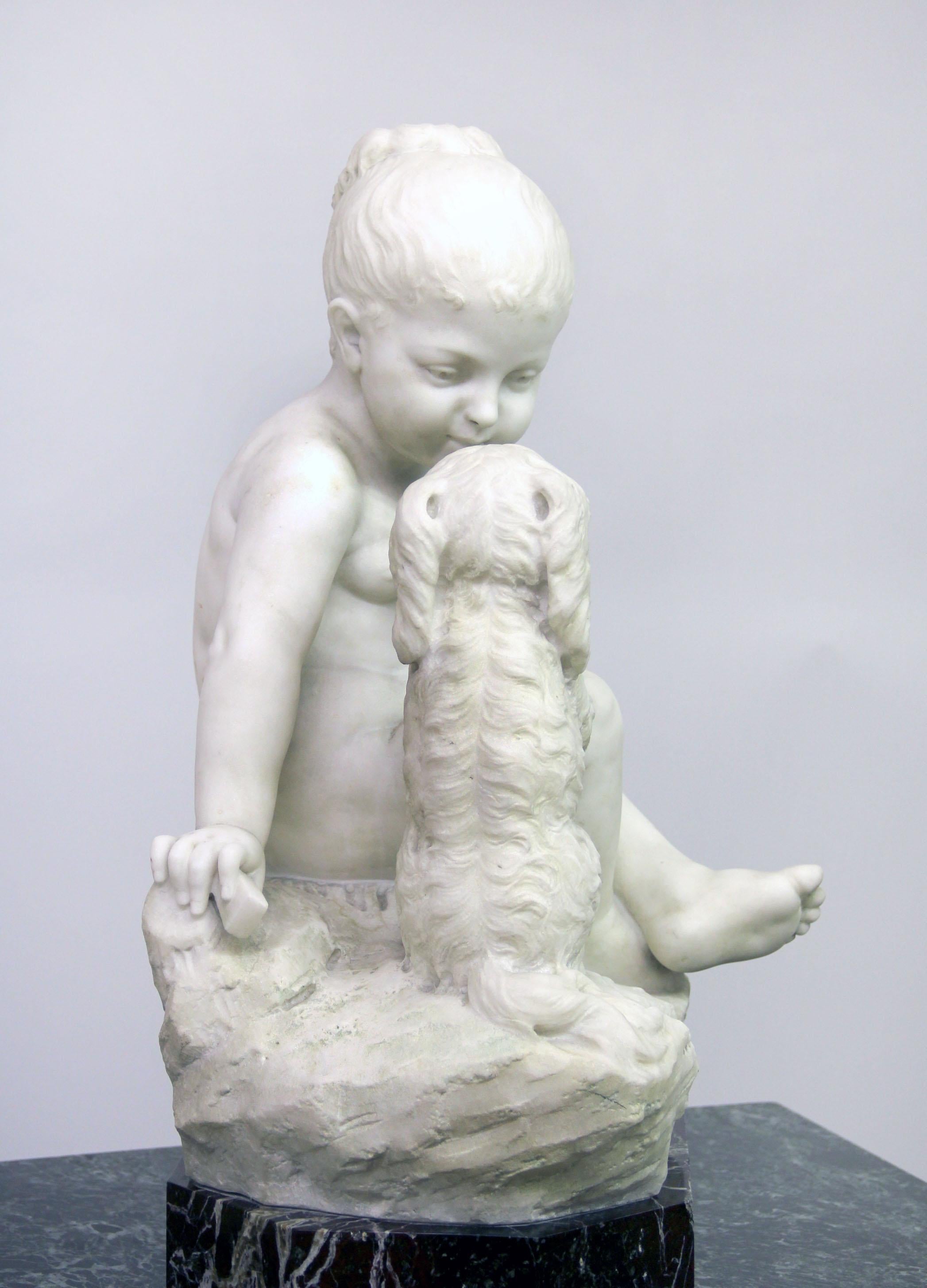 Belle Époque Fine Late 19th Century Italian White Carrara Marble of a Child and Dog For Sale