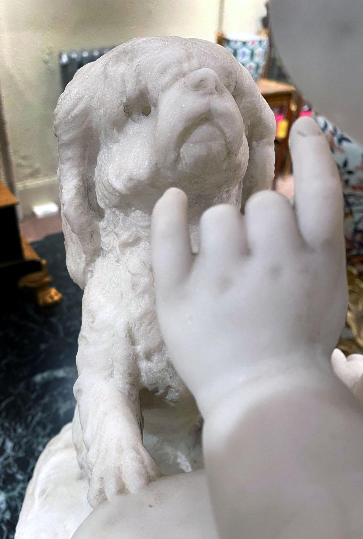 Hand-Carved Fine Late 19th Century Italian White Carrara Marble of a Child and Dog For Sale