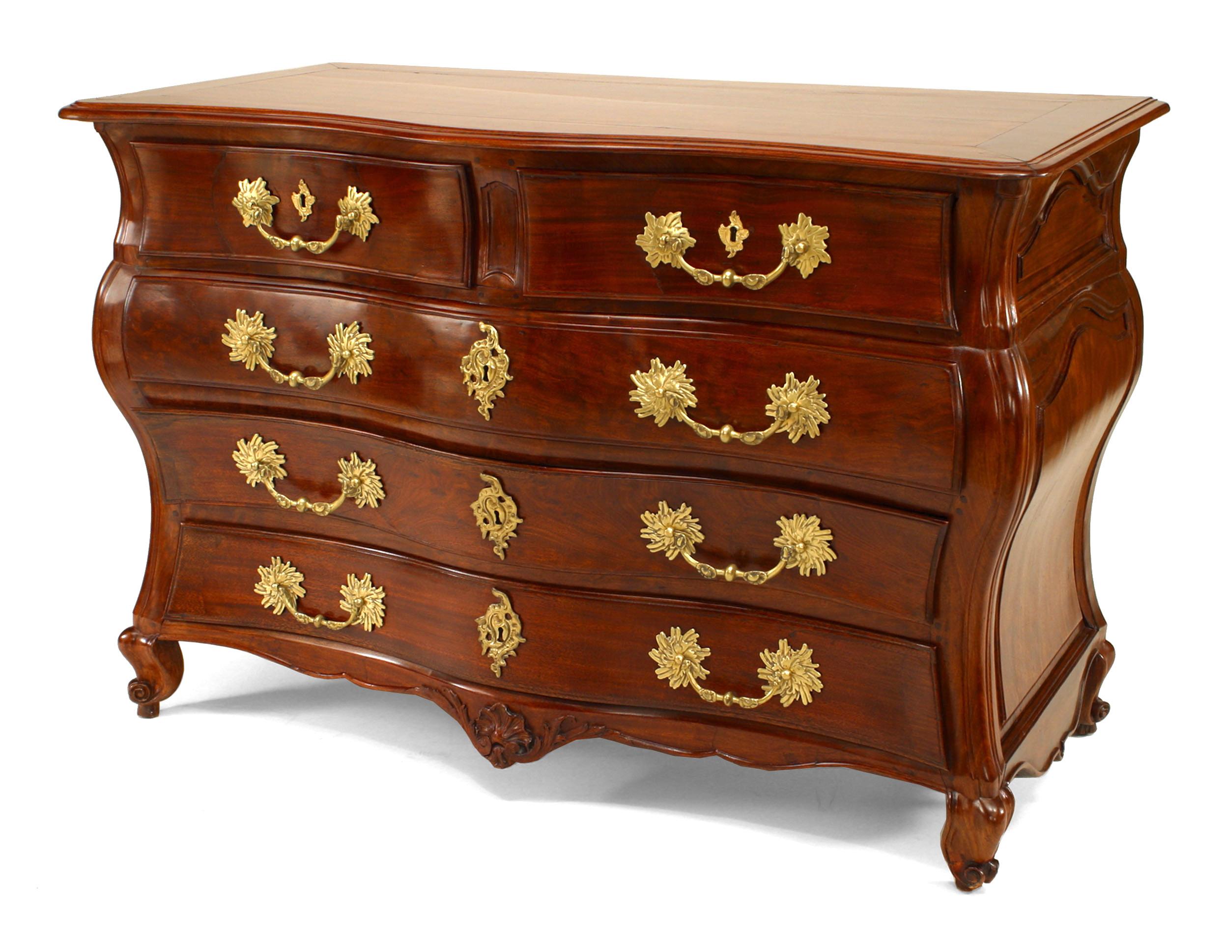 French Provincial Louis XV mahogany chest of drawers with bombe shape and 3 full drawers below a Pair of drawers all with bronze handles (PORT FURNITURE).
