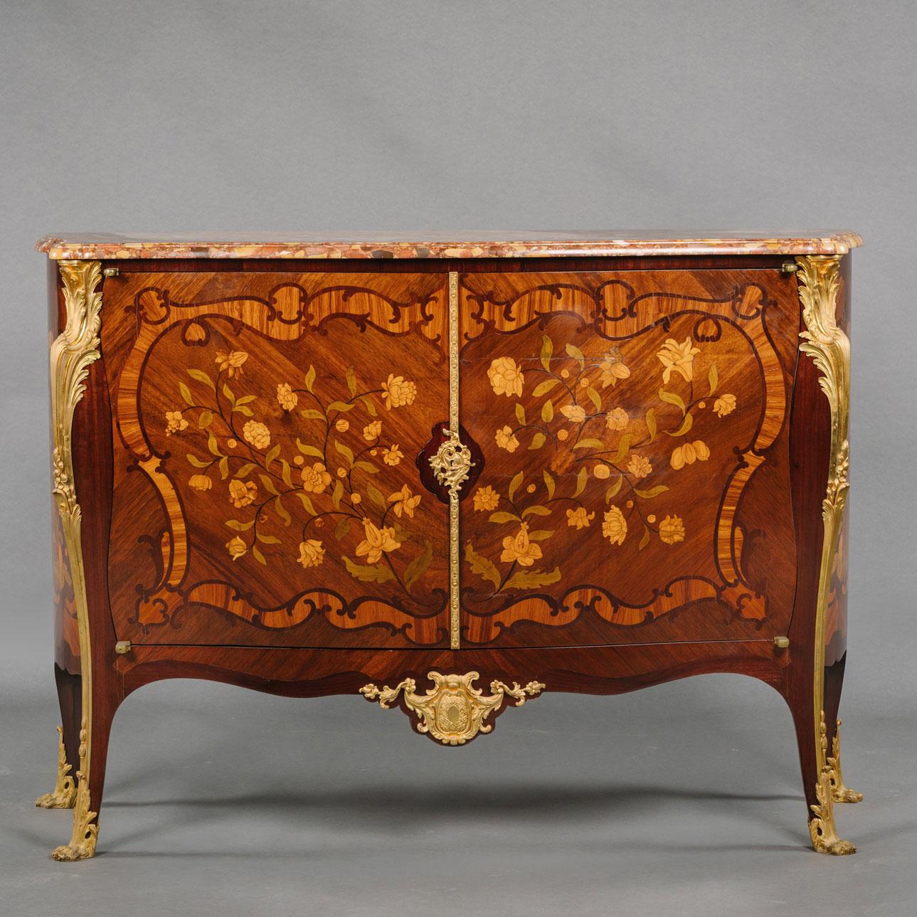 A fine Louis XV style gilt-bronze Mounted Marquetry inlaid commode by Gervais Maximilien Eugène Durand.

Stamped to the carcass beneath the marble top 'G. DURAND'. 

This fine commode has a serpentine-shaped brêche d'Alep marble top above a pair