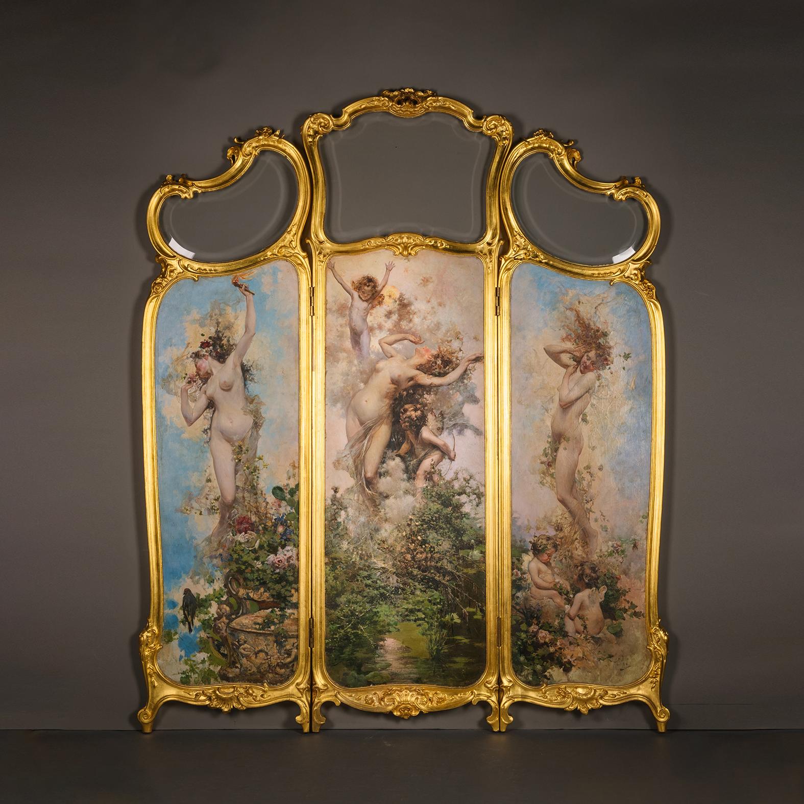 French A Fine Louis XV Style Giltwood and Oil on Panel Three-Panelled Screen For Sale