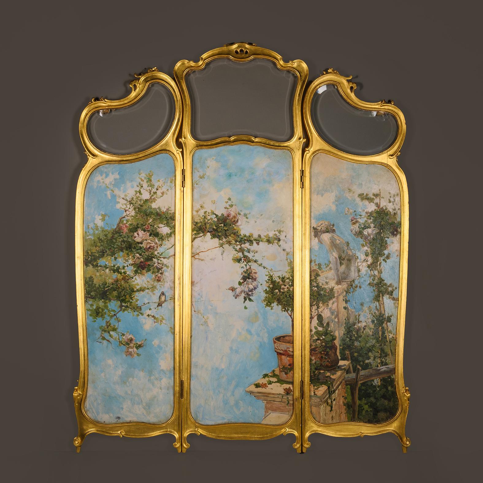 Feiner dreiteiliger Raumteiler aus vergoldetem Holz und Öl auf Täfelung im Louis-XV-Stil (Handbemalt) im Angebot