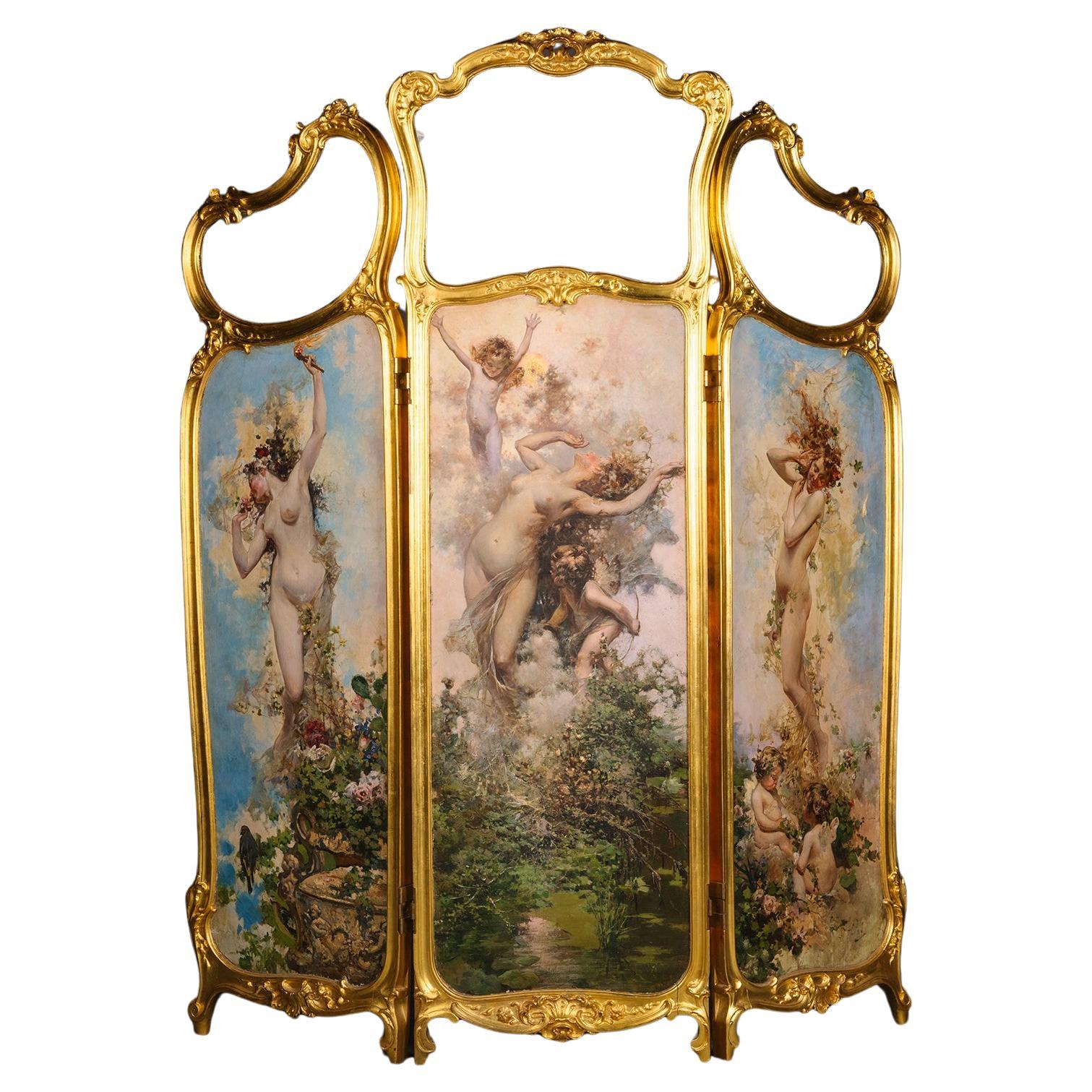 A Fine Louis XV Style Giltwood and Oil on Panel Three-Panelled Screen For Sale