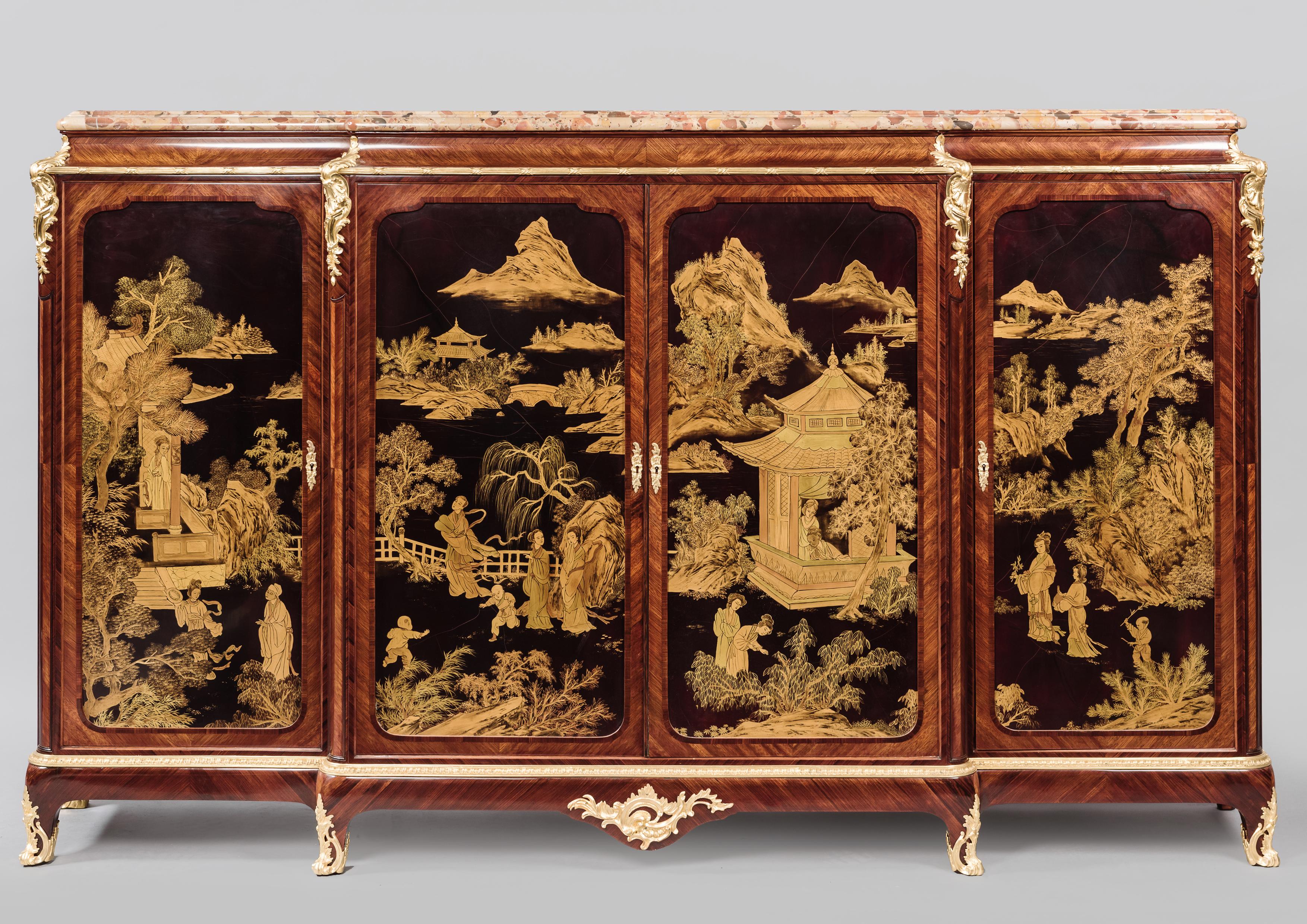 A Fine Louis XV Style Gilt-bronze Mounted Japanned Side Cabinet, With A Breche D'Alep Marble Top, By Henri Nelson, Paris. 

French, circa 1900. 

Stamped to the carcass 'H. Nelson'. 

This elegant side cabinet is of shallow break front form, with a