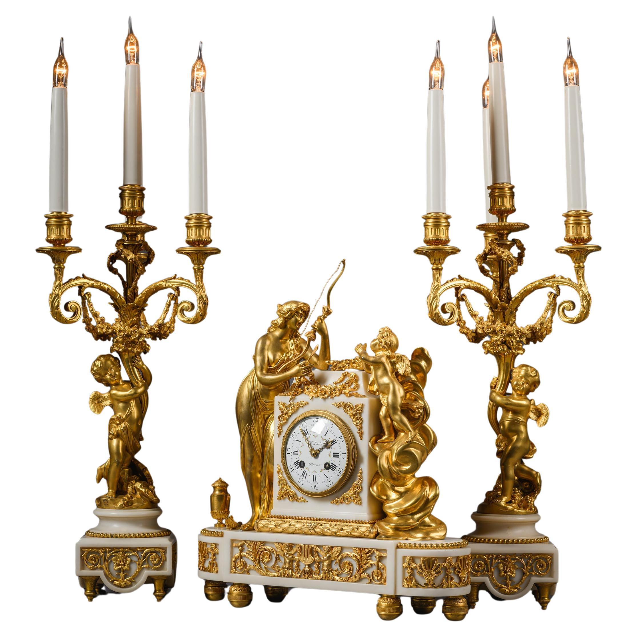 A Fine Louis XVI Style Clock Garniture by François Linke For Sale