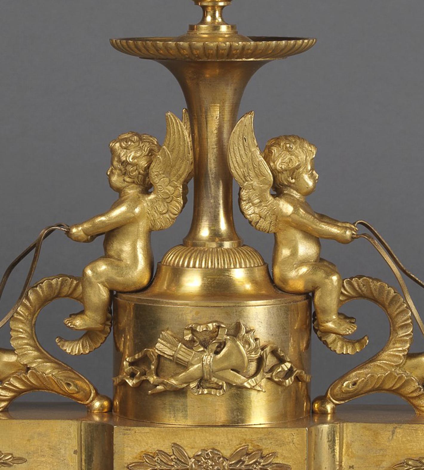 French Fine Louis XVI Style Gilt Bronze and Ebony Three-Light Desk Stand, circa 1820 For Sale