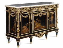 A Fine Louis XVI-Style Japanese Lacquer and Ebony Marble-Top Commode à Vantaux