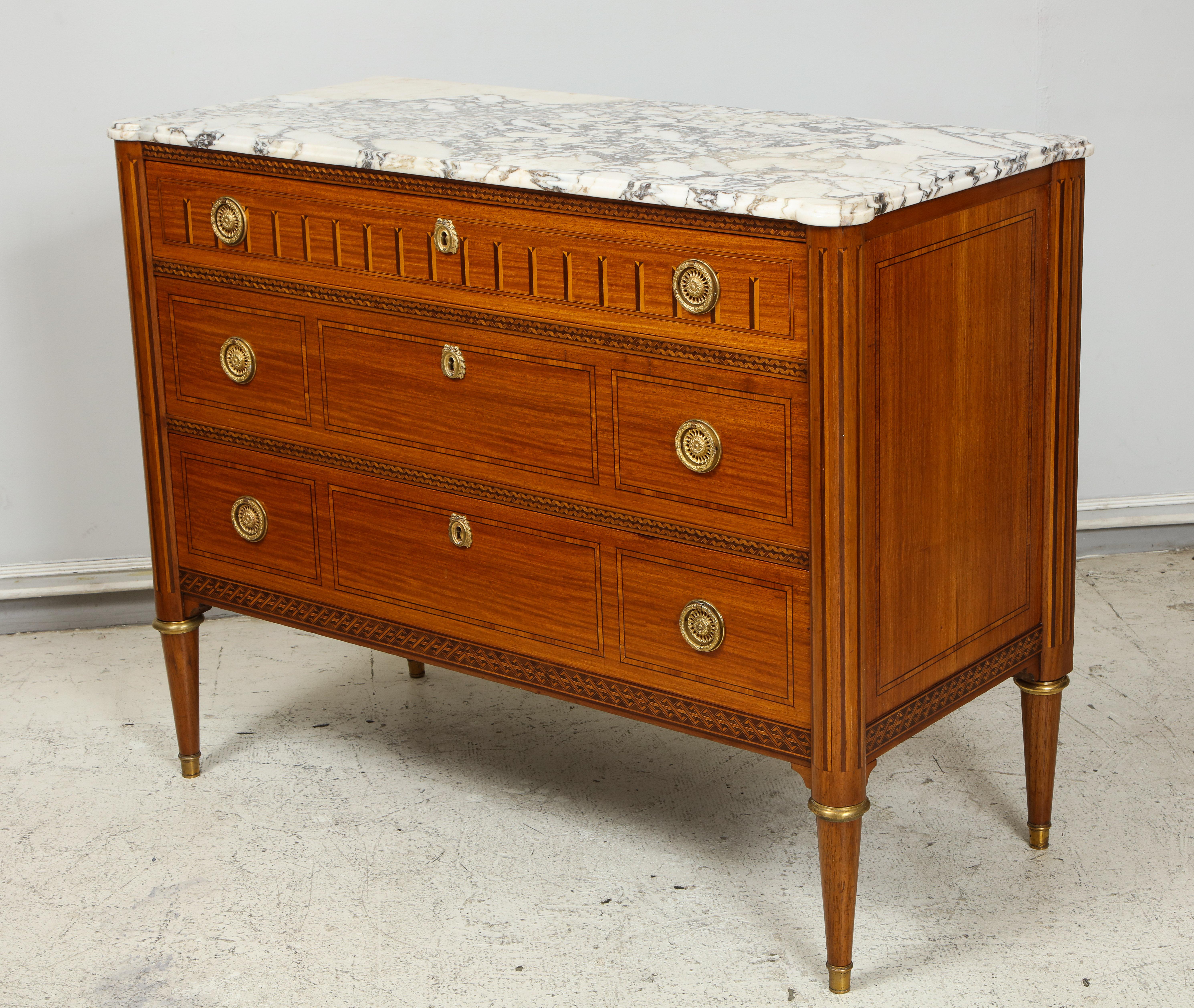 Antique Louis XVI style parquetry marble-top commode
Beautifully Inlaid in walnut, ebony, mahogany, olive wood.
