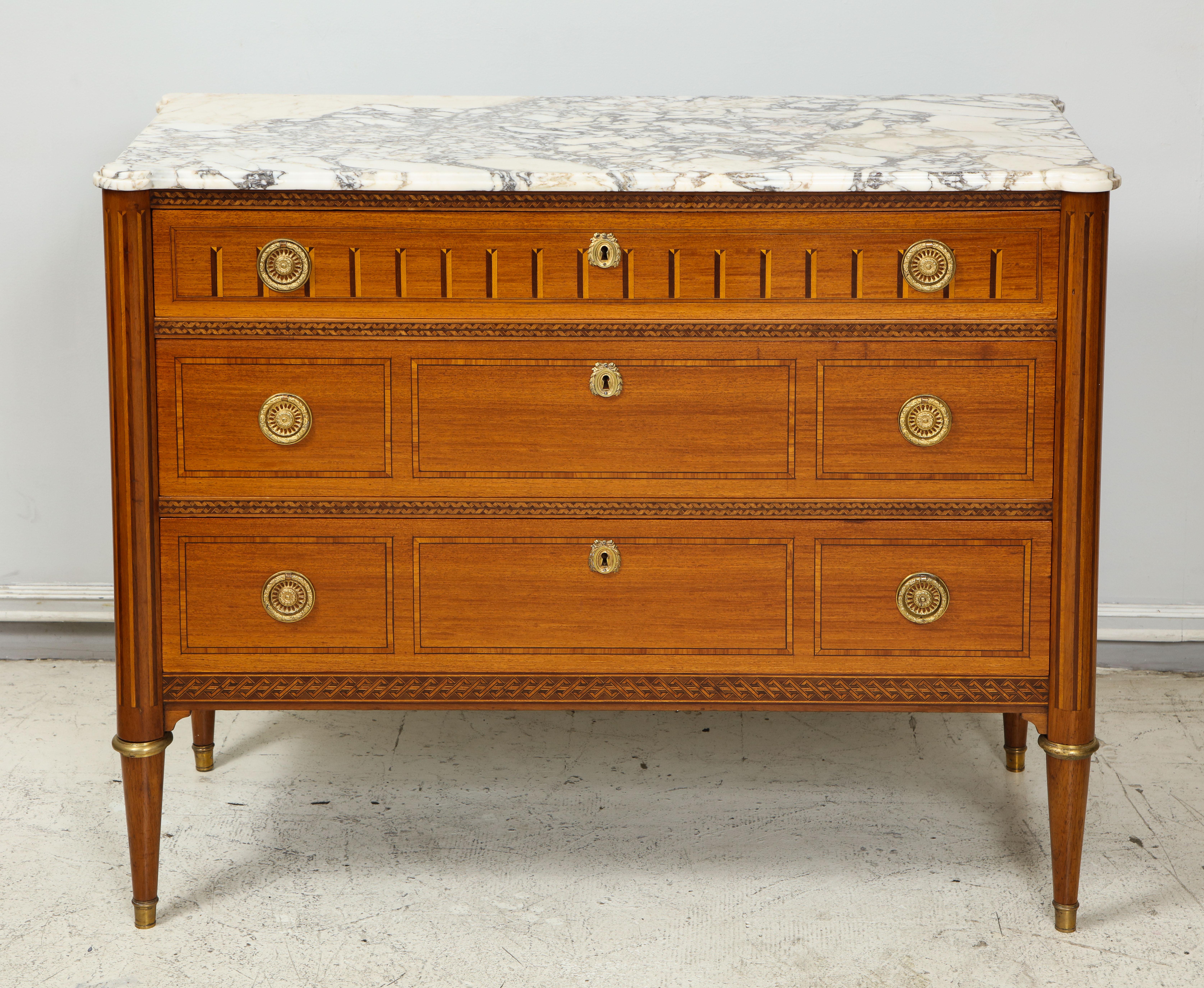 French Antique Louis XVI Style Parquetry Commode with Marble Top