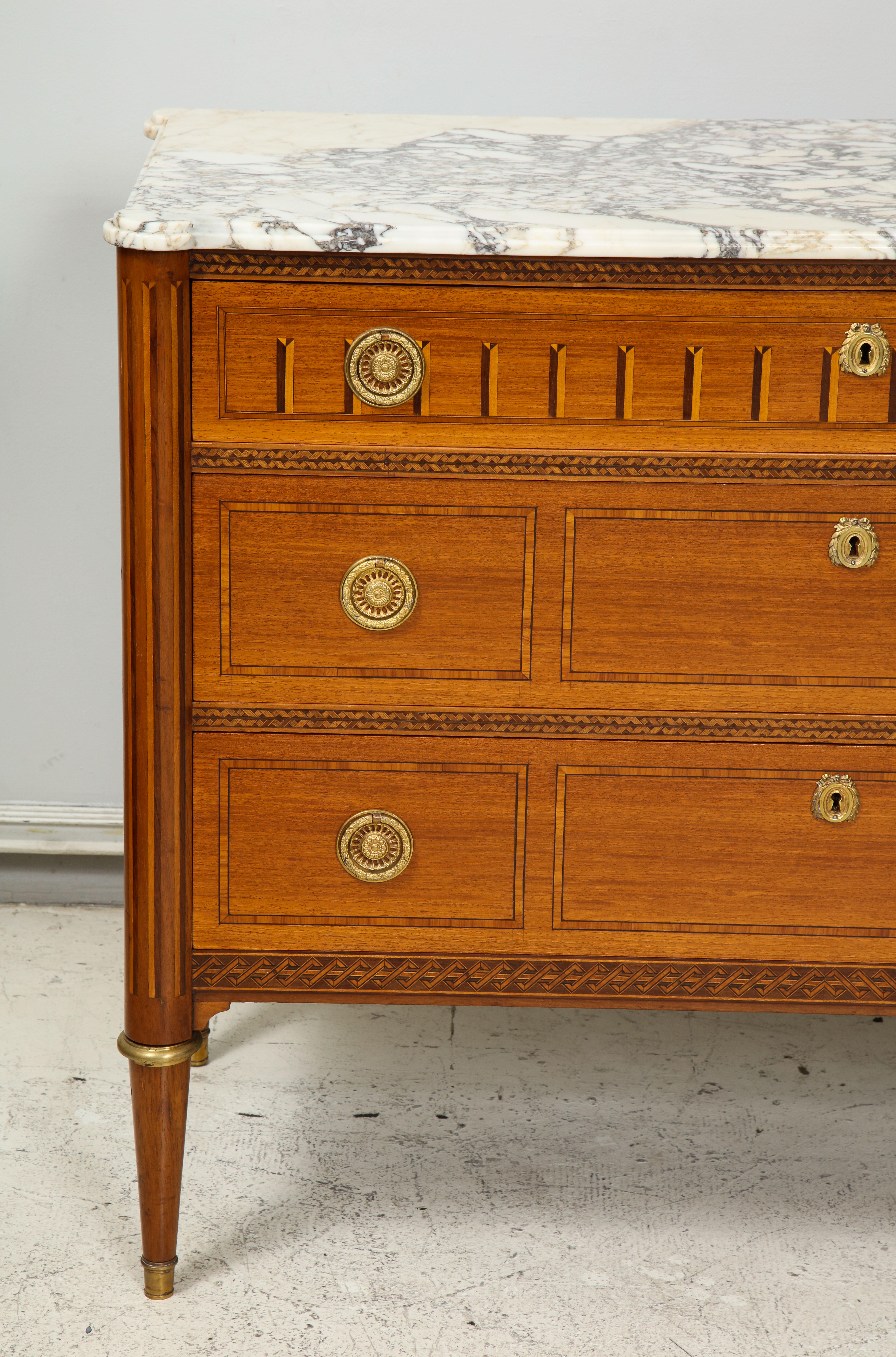 Antique Louis XVI Style Parquetry Commode with Marble Top In Excellent Condition In New York, NY