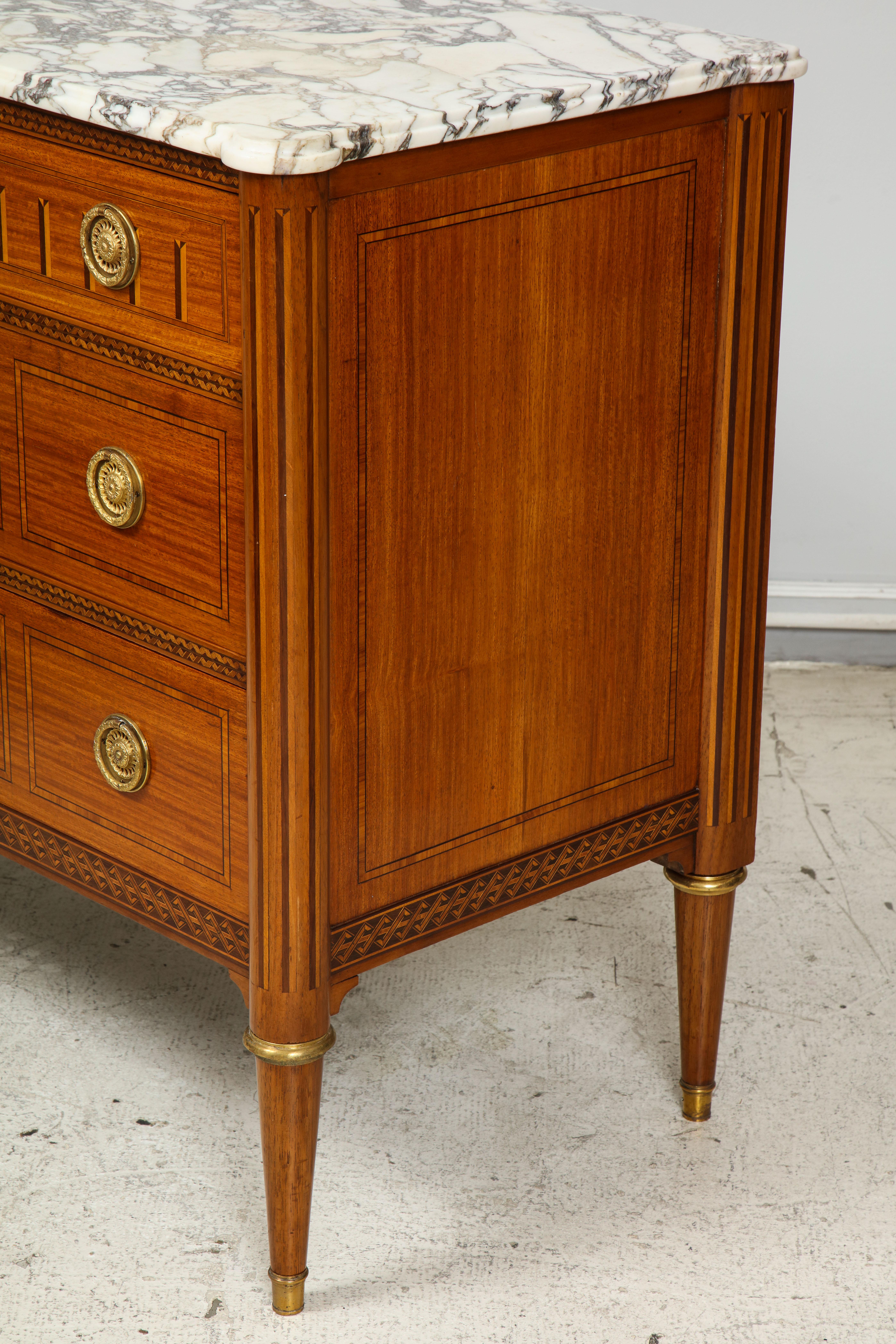 Walnut Antique Louis XVI Style Parquetry Commode with Marble Top