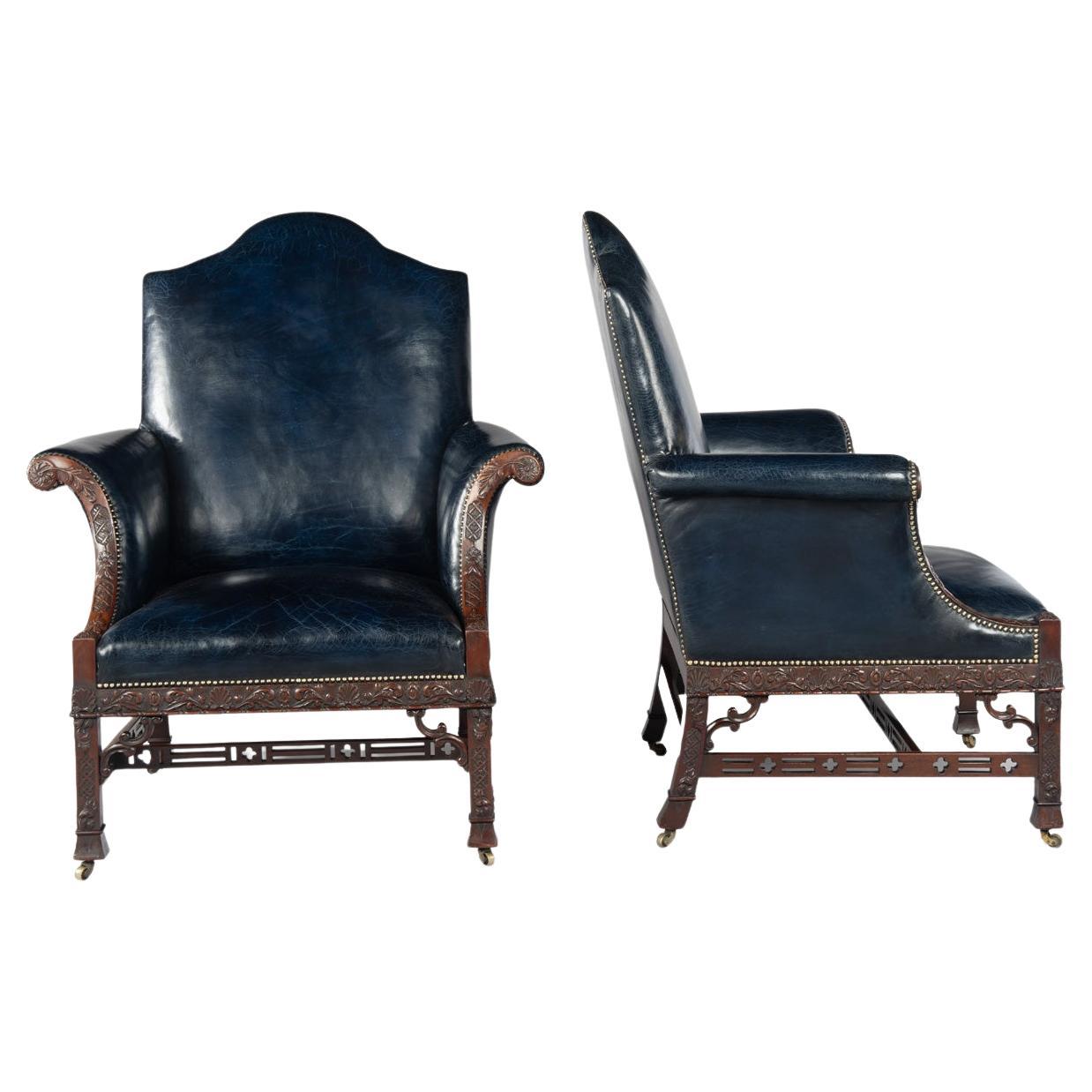 A Fine Matched Pair of large mahogany Carved Wing Chairs Based on the St Giles H For Sale