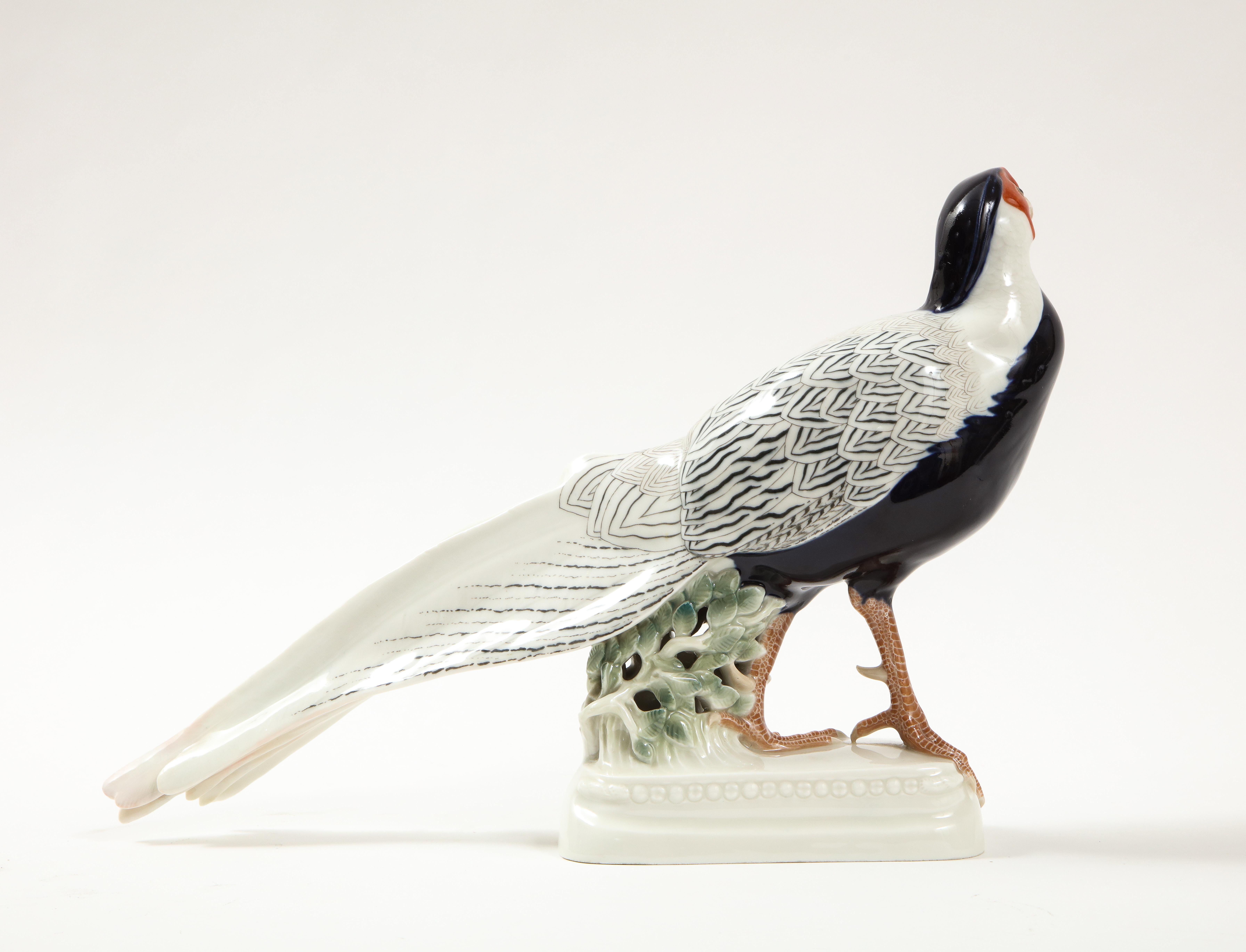Hand-Painted Fine Meissen Porcelain Model of a Silver Feathered Pheasant For Sale