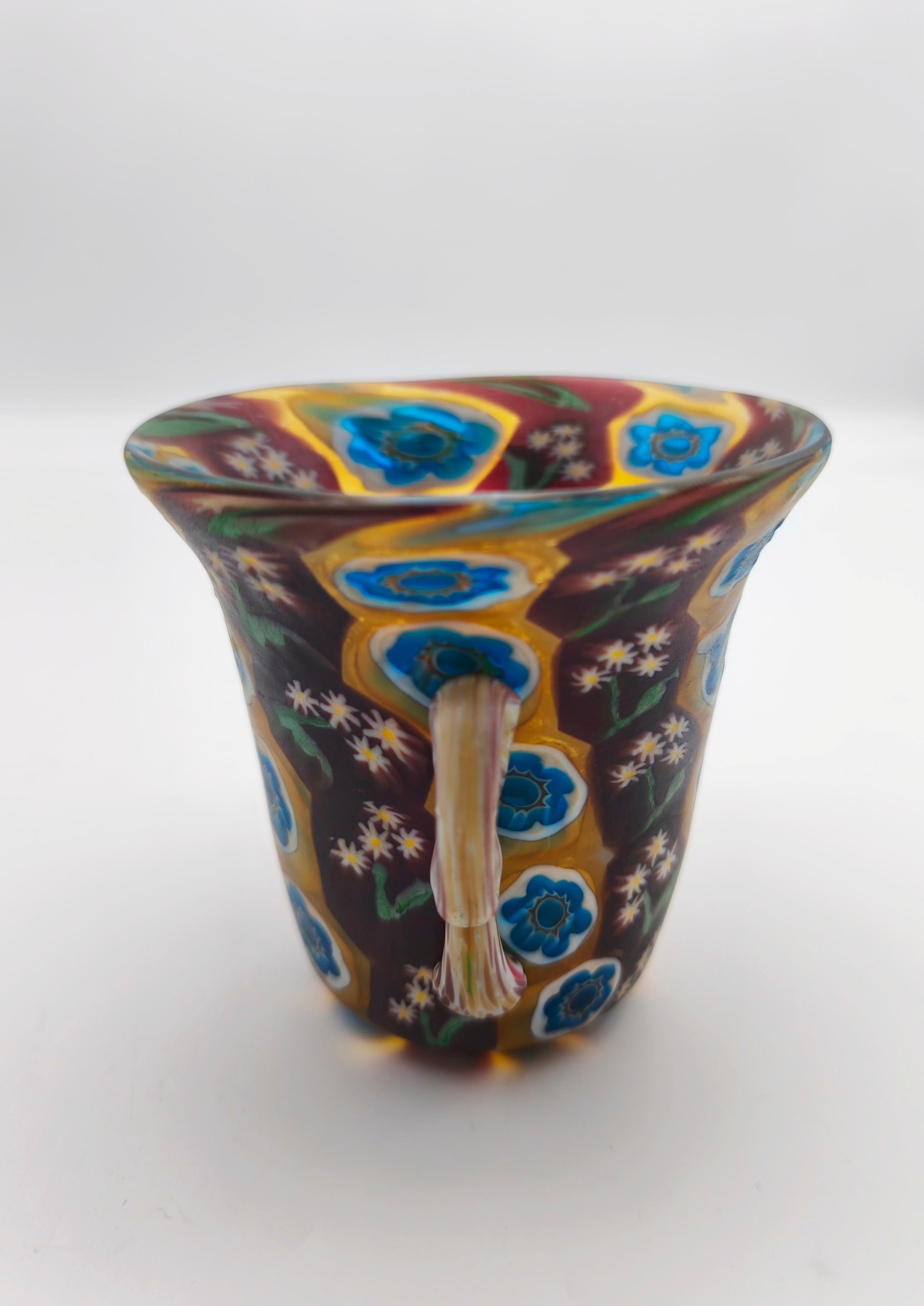 Glass A fine millefiori murrine handle vase from Murano, ca. 1910, Fratelli Toso For Sale