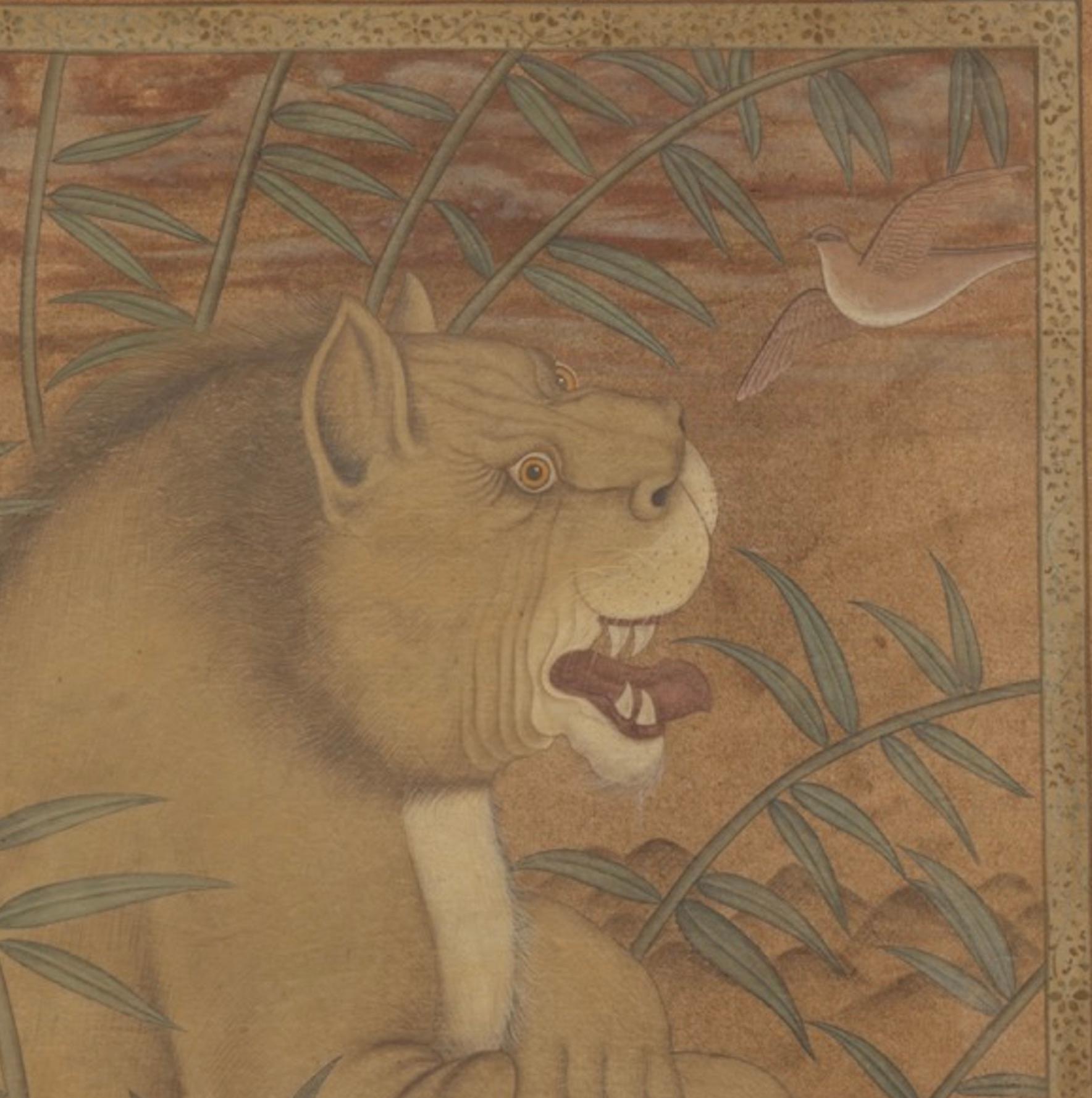 A Mughal painting of a ‘Lion at rest’
North India, early 19th century
?
Watercolour on paper, H. 46.5 x W. 68 cm

?The present painting is a large copy after the famous miniature painting (20.3 x 15.2 cm) in the collection of the Metropolitan