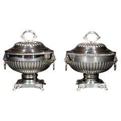 Antique A Fine Near Pair of Regency Style Silver Plated Sauce Tureens, U.K. Circa 1910