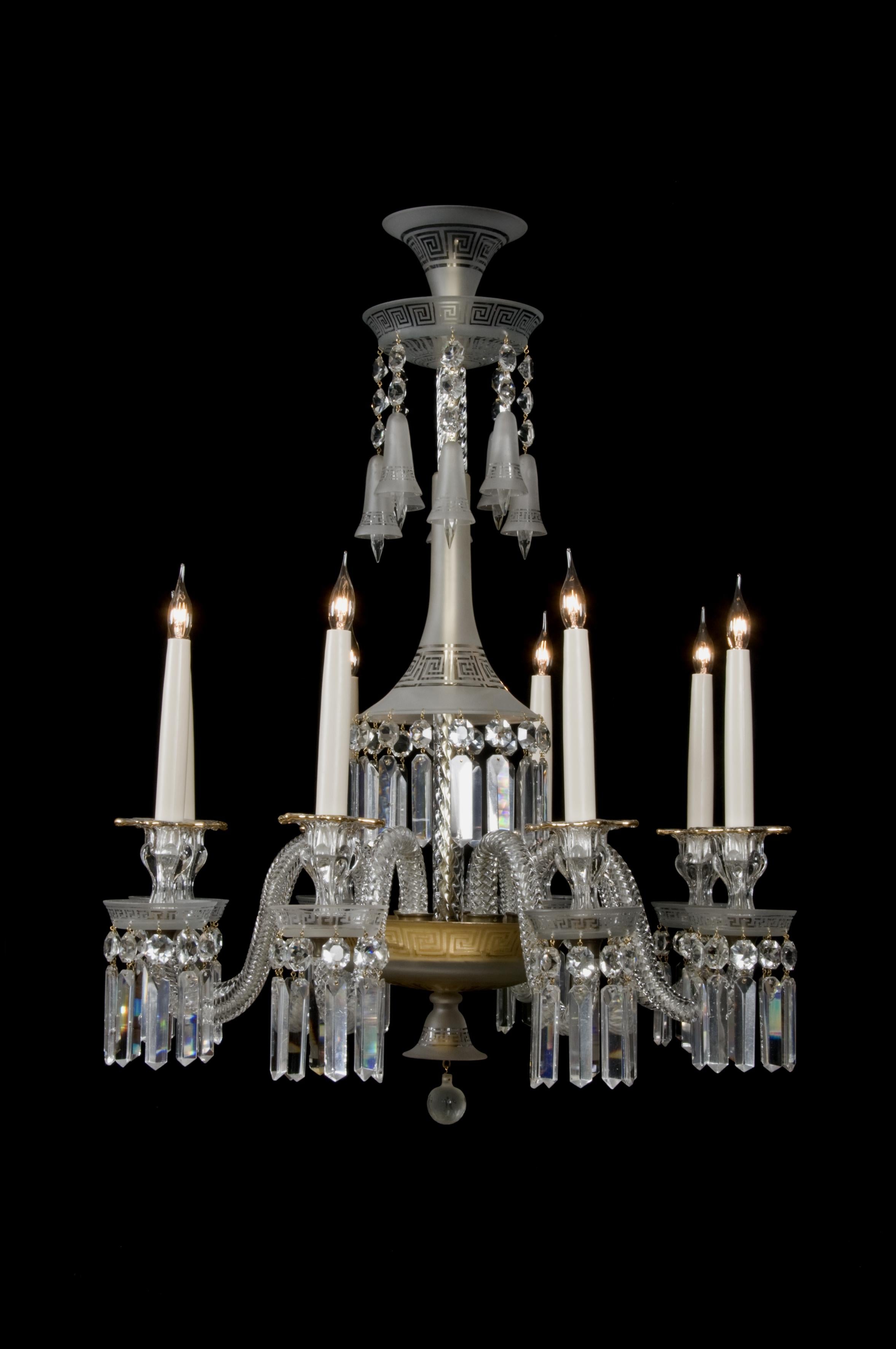 Raffinato lampadario neoclassico a otto luci in cristallo di La Compagnie des Cristalleries De Baccarat. 

Francese, circa 1890. 

Il lampadario ha una ciotola poco profonda appesa con otto campane sopra uno stelo a tromba rovesciata, il tutto
