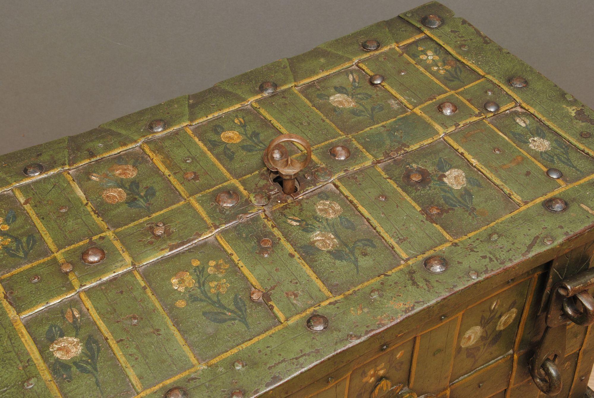 European A Fine of a 17th Century Painted Armada Chest For Sale