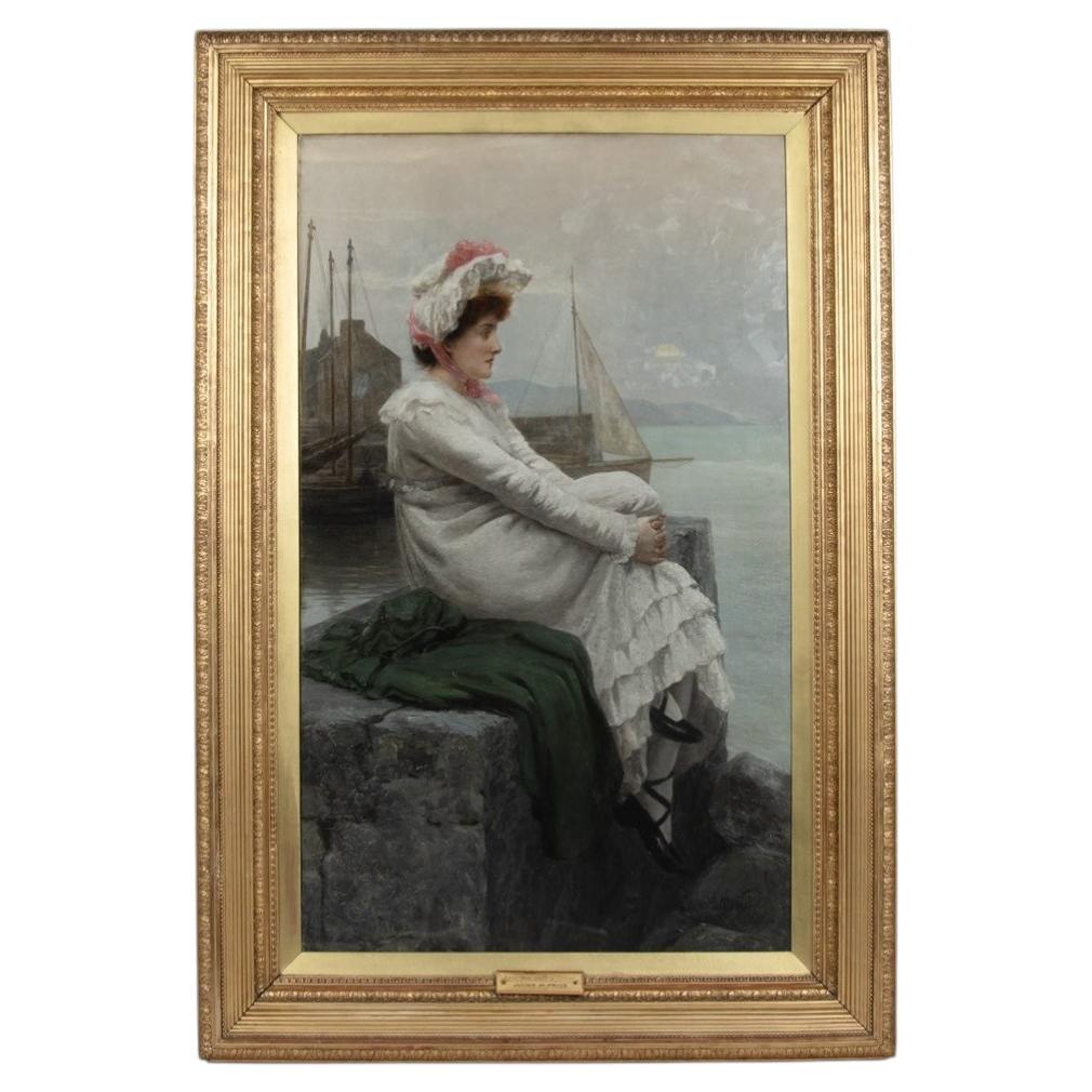 Un raffinato olio su tela della "ragazza che amava un marinaio" di Julius Mendes Prezzo in vendita
