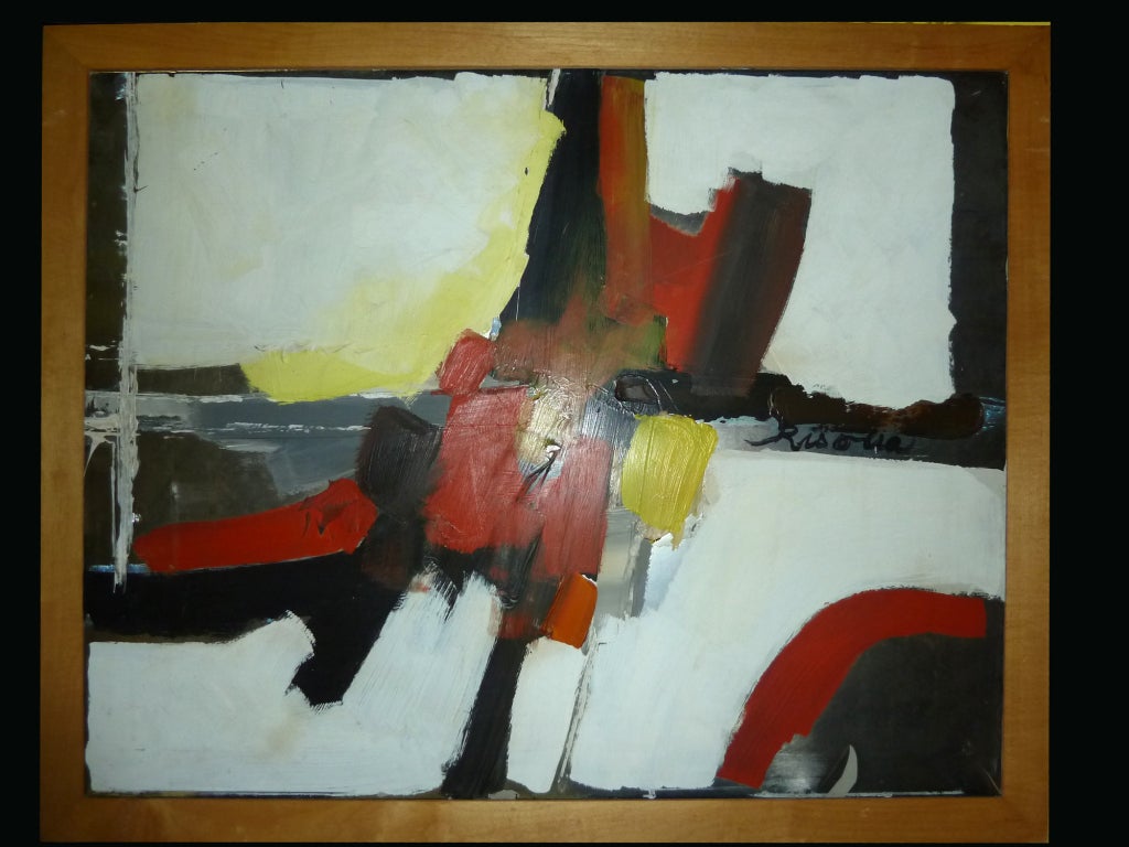 An colorful and decorative contemporary abstract oil painting in bright shades of red, yellow, white and black. This painting is signed by the artist in the middle, right side, 'Risolia', and was done in the late 20th century.