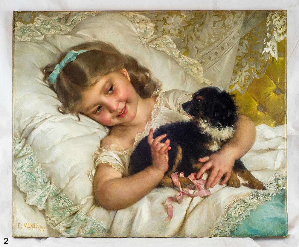 Signed and dated 'E. MUNIER 1882' (lower left).

Title: Her best friend
Artist: Emile Munier (French, 1840-1895)
Date: Late 19th century
Medium: Oil on canvas
Dimension: (Image) 21 in. x 25 in.; (Framed) 33 in. x 37 in.