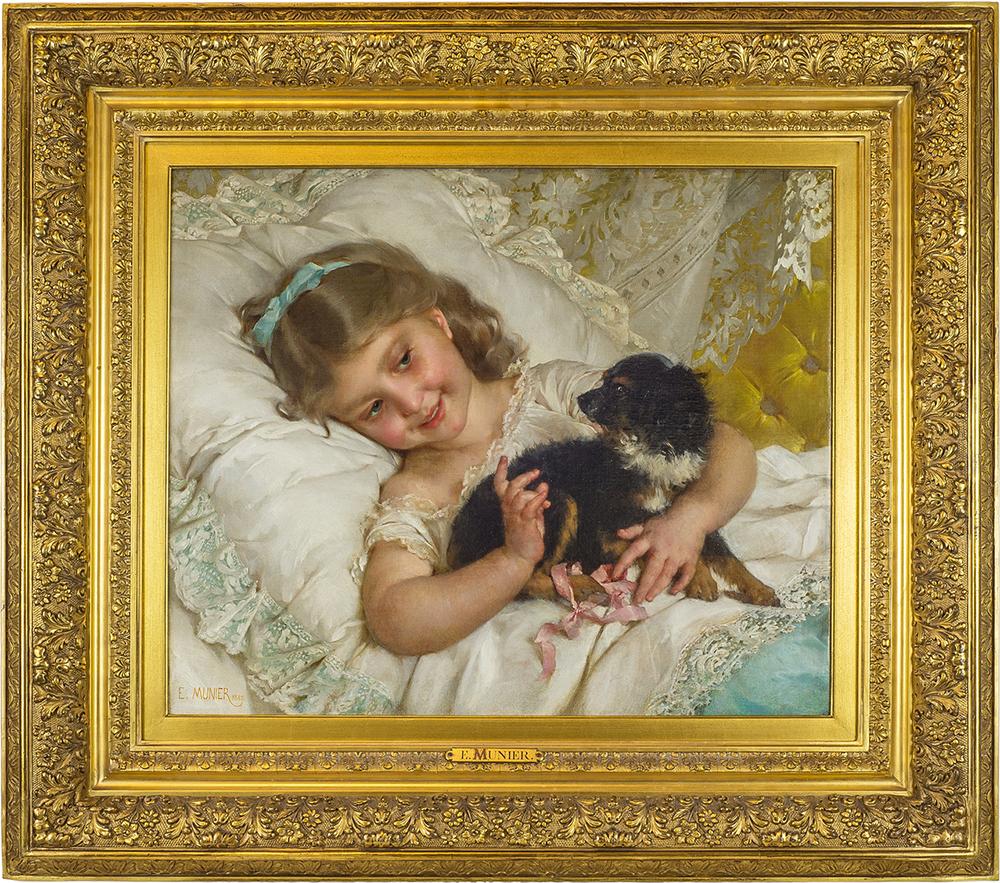 A Fine Painting of a Girl Holding a Dog by Emile Munier