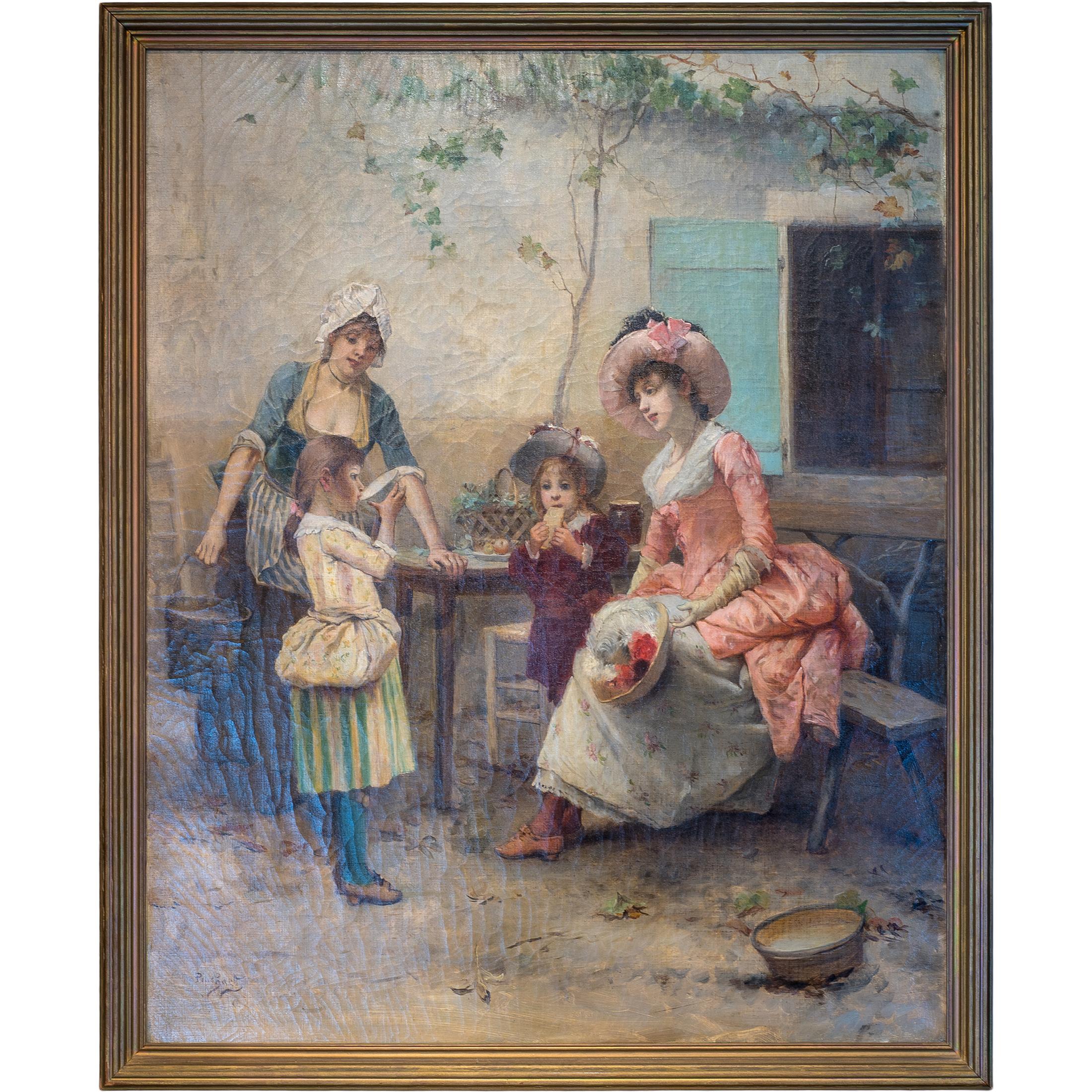 Oil painting depicting a Women and children enjoying an alfresco lunch. Signed lower left 