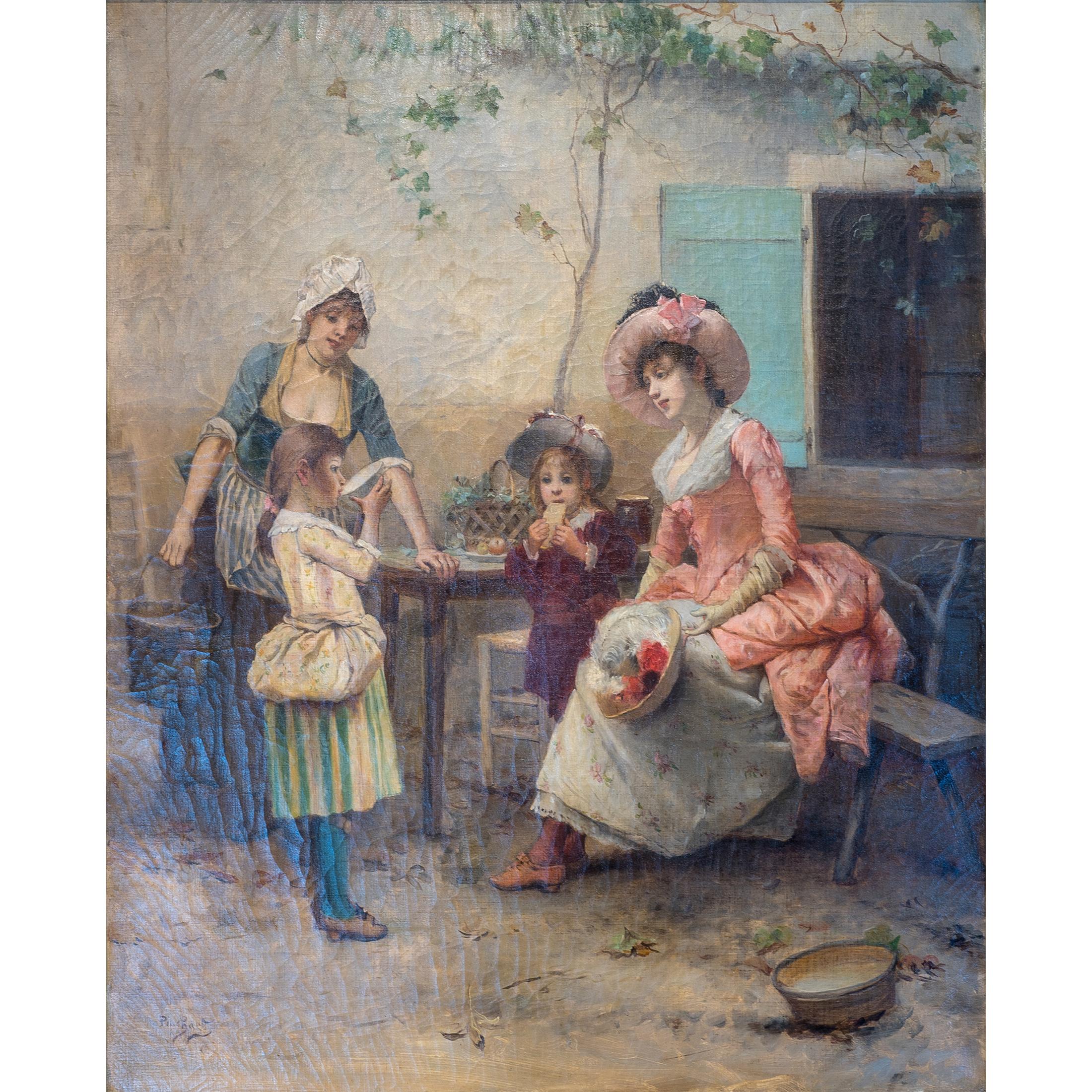 French Fine Painting of Women and Children by Émile Auguste Pinchart