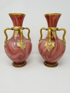 Fine Pair of Antique Enamel Marbleized Moser Glass Vases in Orientalist Style