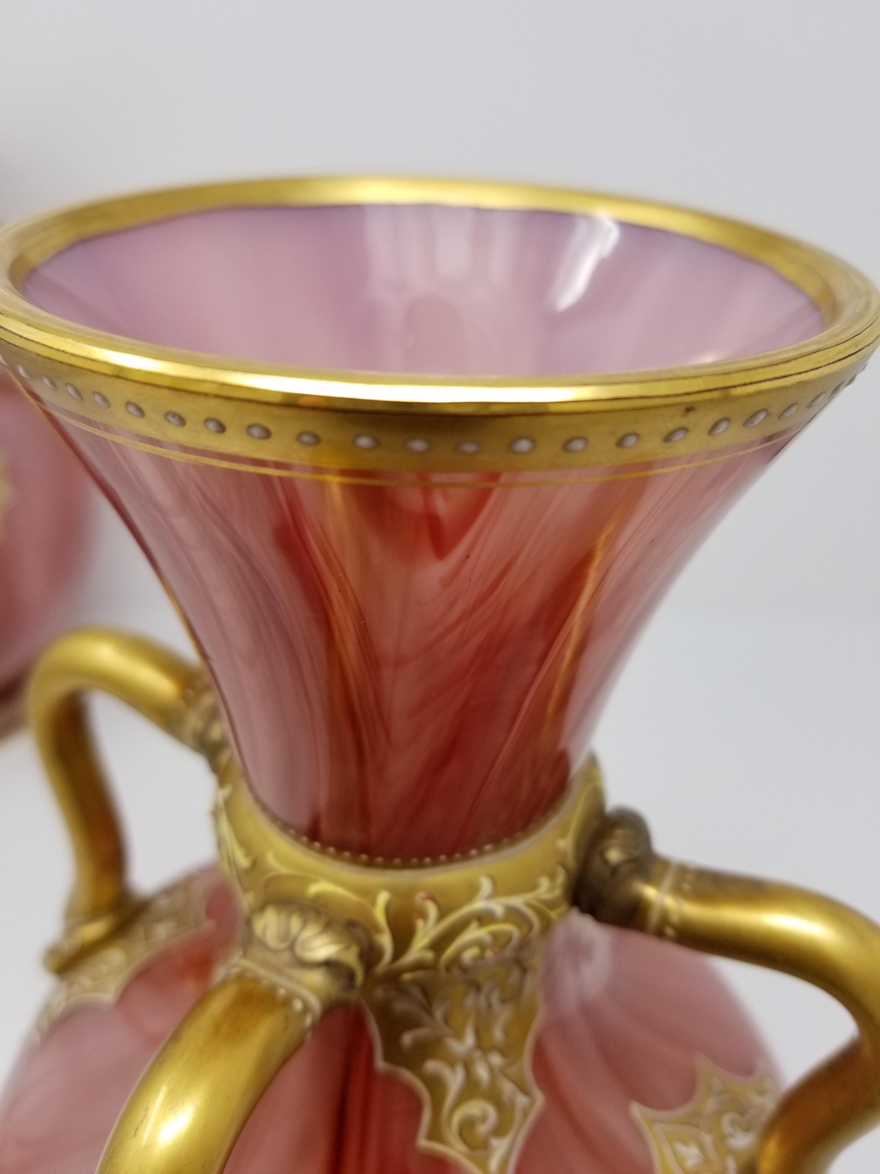 Moorish Fine Pair of Antique Enamel Marbleized Moser Glass Vases in Orientalist Style For Sale